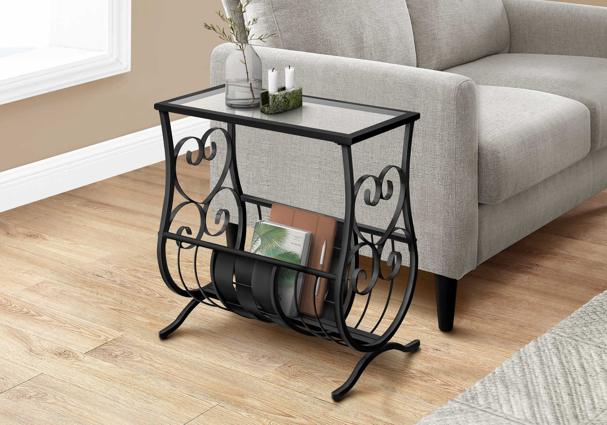 TABLE DE CHEVET - METAL NOIR SATINE AVEC VERRE TREMPE – I 3314.
