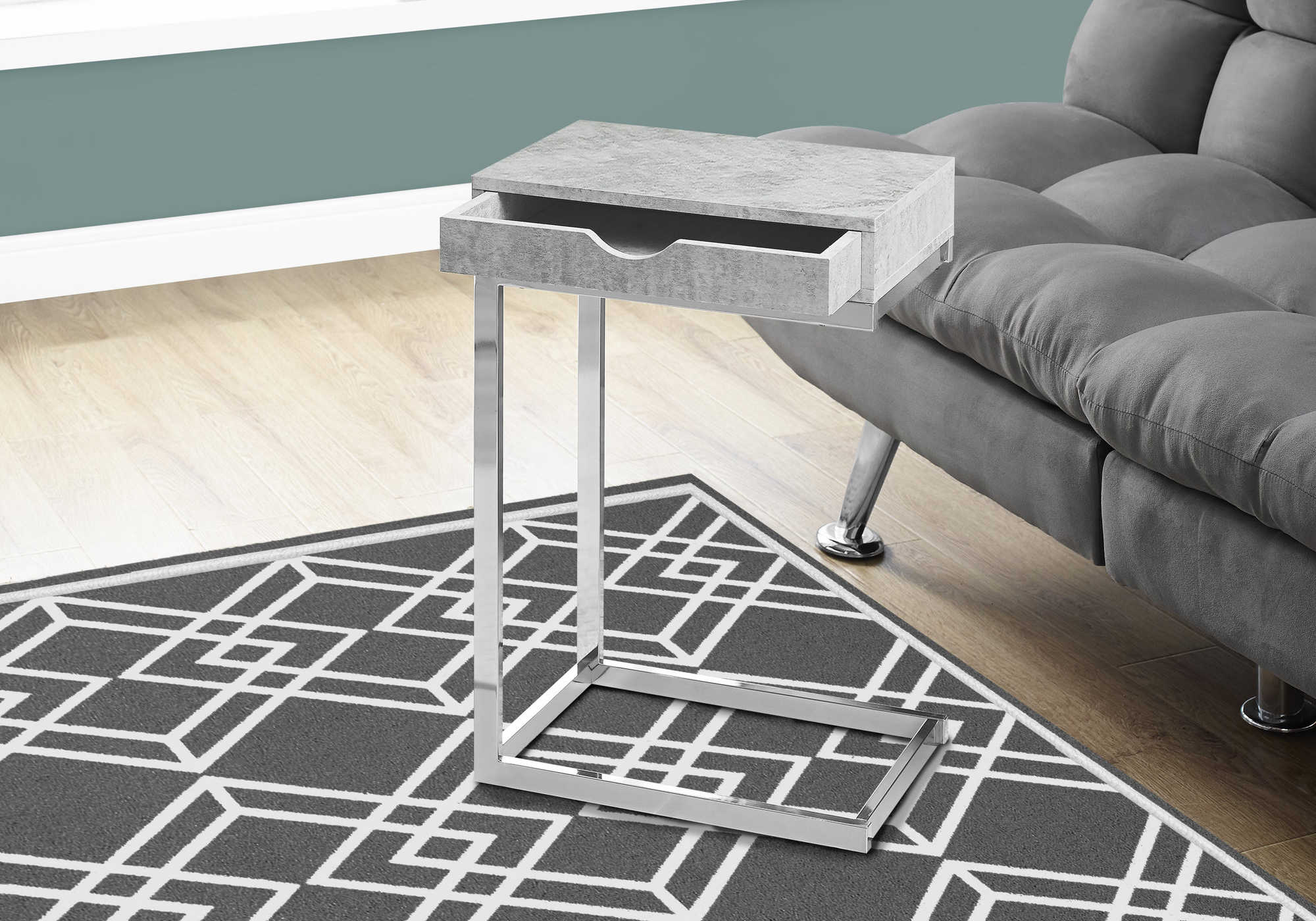 TABLE DE CHEVET - METAL CHROME / GRIS CIMENTE AVEC TIROIR – I 3373.
