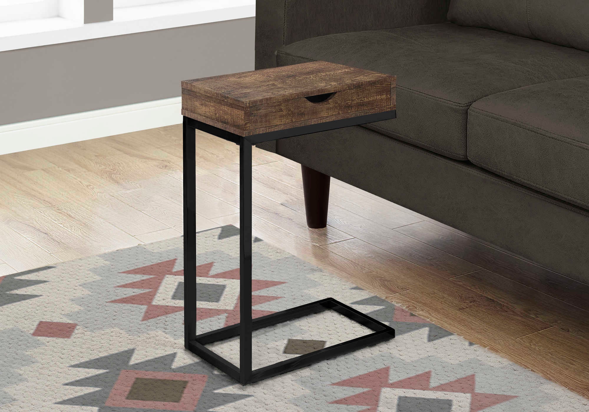 TABLE DE CHEVET - METAL NOIR / FAUX BOIS BRUN / TIROIR – I 3406.