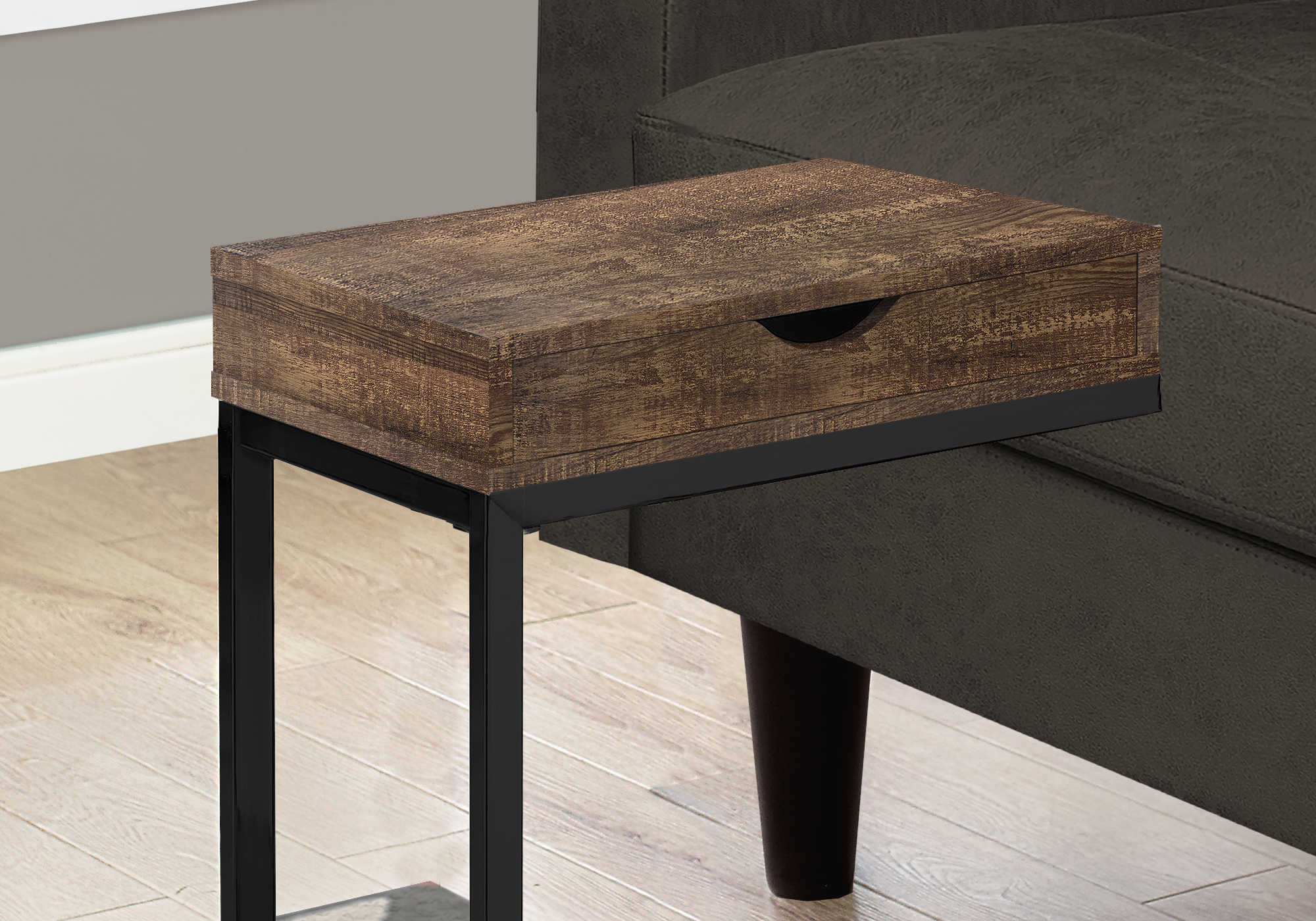 TABLE DE CHEVET - METAL NOIR / FAUX BOIS BRUN / TIROIR – I 3406.