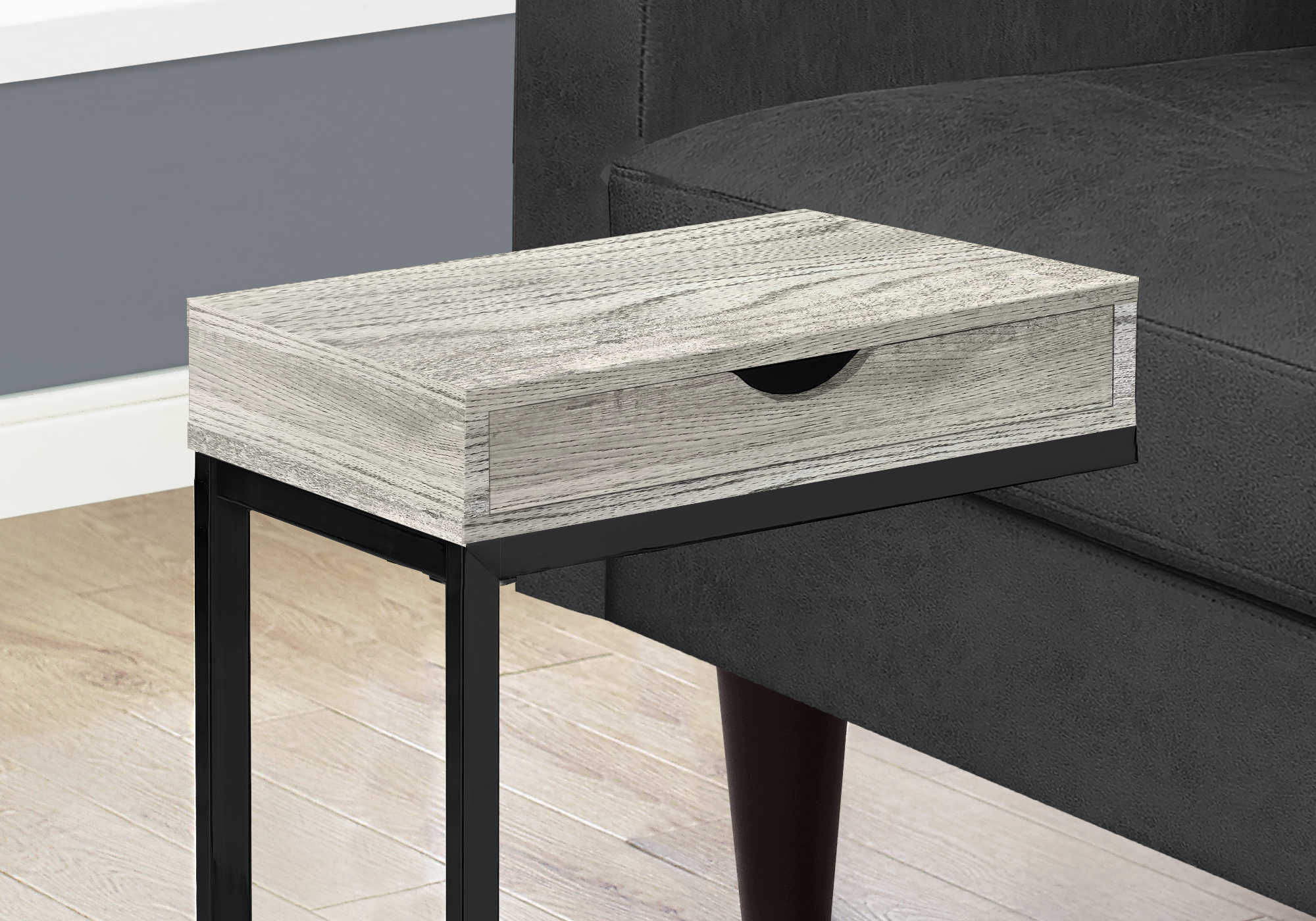 TABLE DE CHEVET - METAL NOIR / FAUX BOIS GRIS / TIROIR – I 3407.