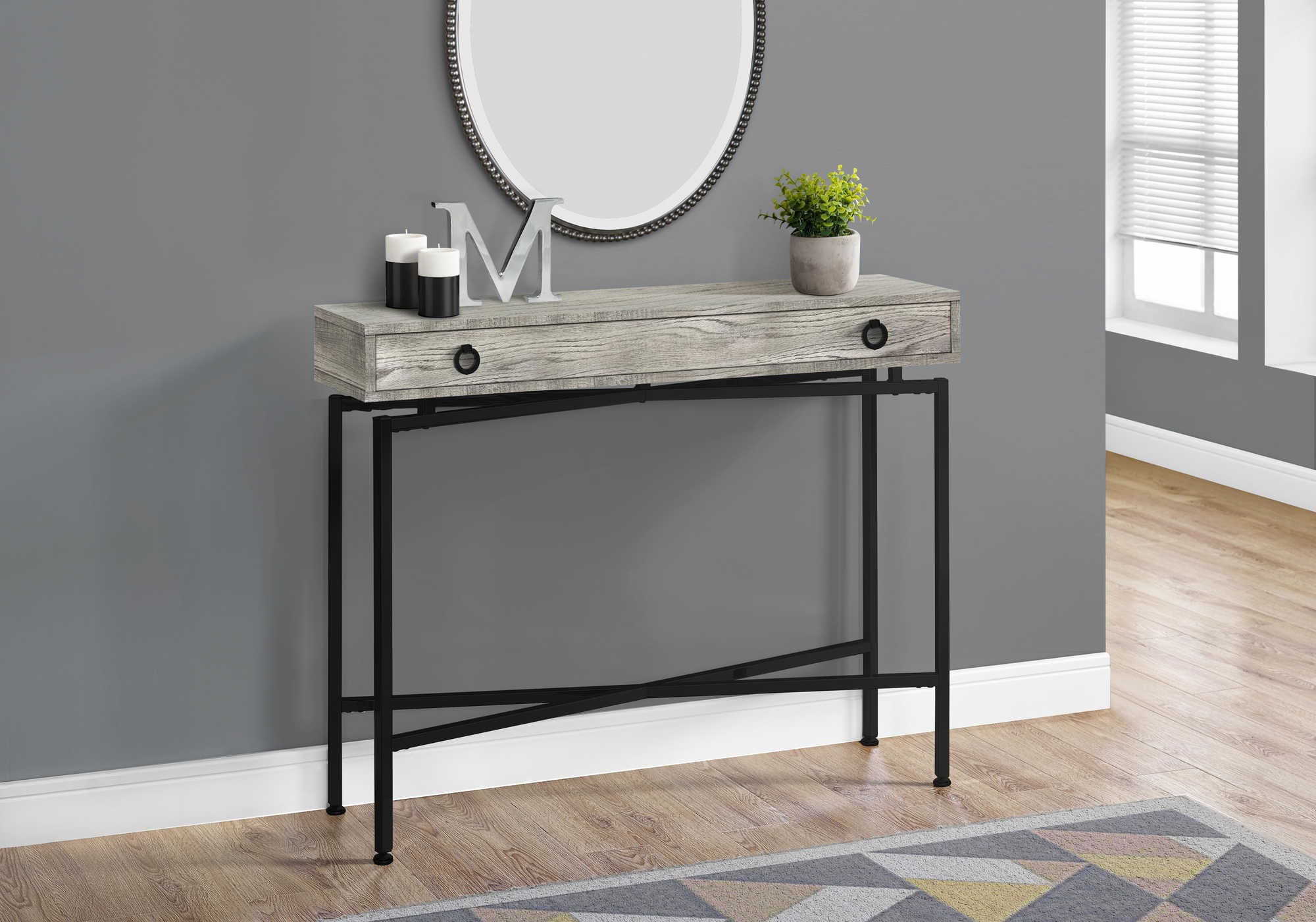 TABLE D'APPOINT - 42"L / FAUX BOIS GRIS / CONSOLE NOIR – I 3454.