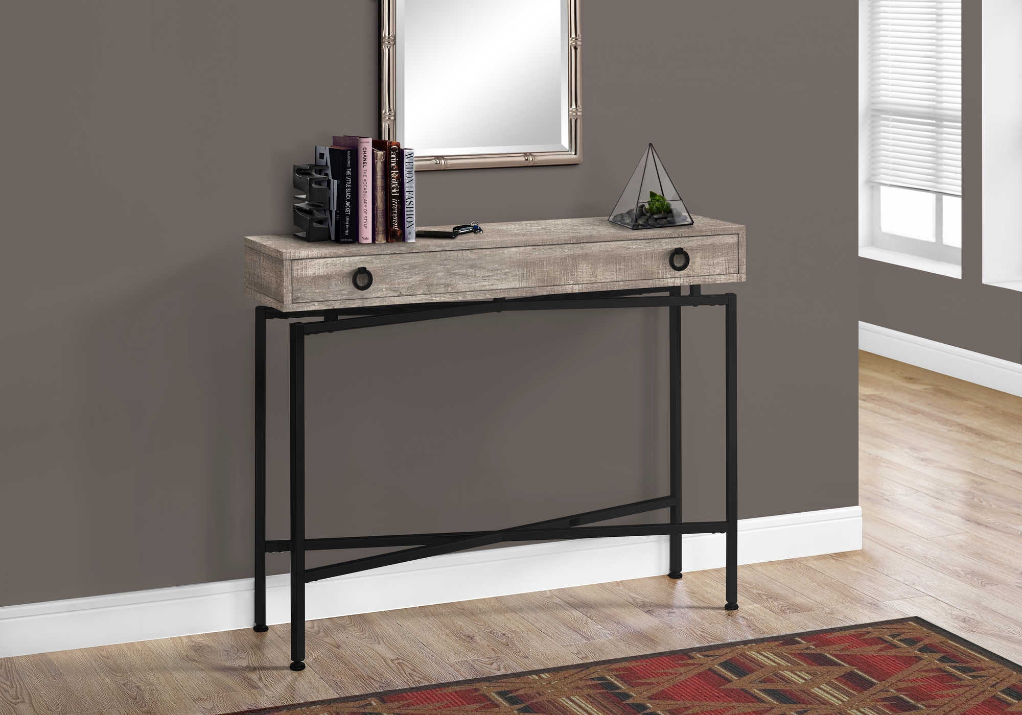 TABLE D'APPOINT - 42"L / FAUX BOIS TAUPE / CONSOLE NOIR – I 3455.