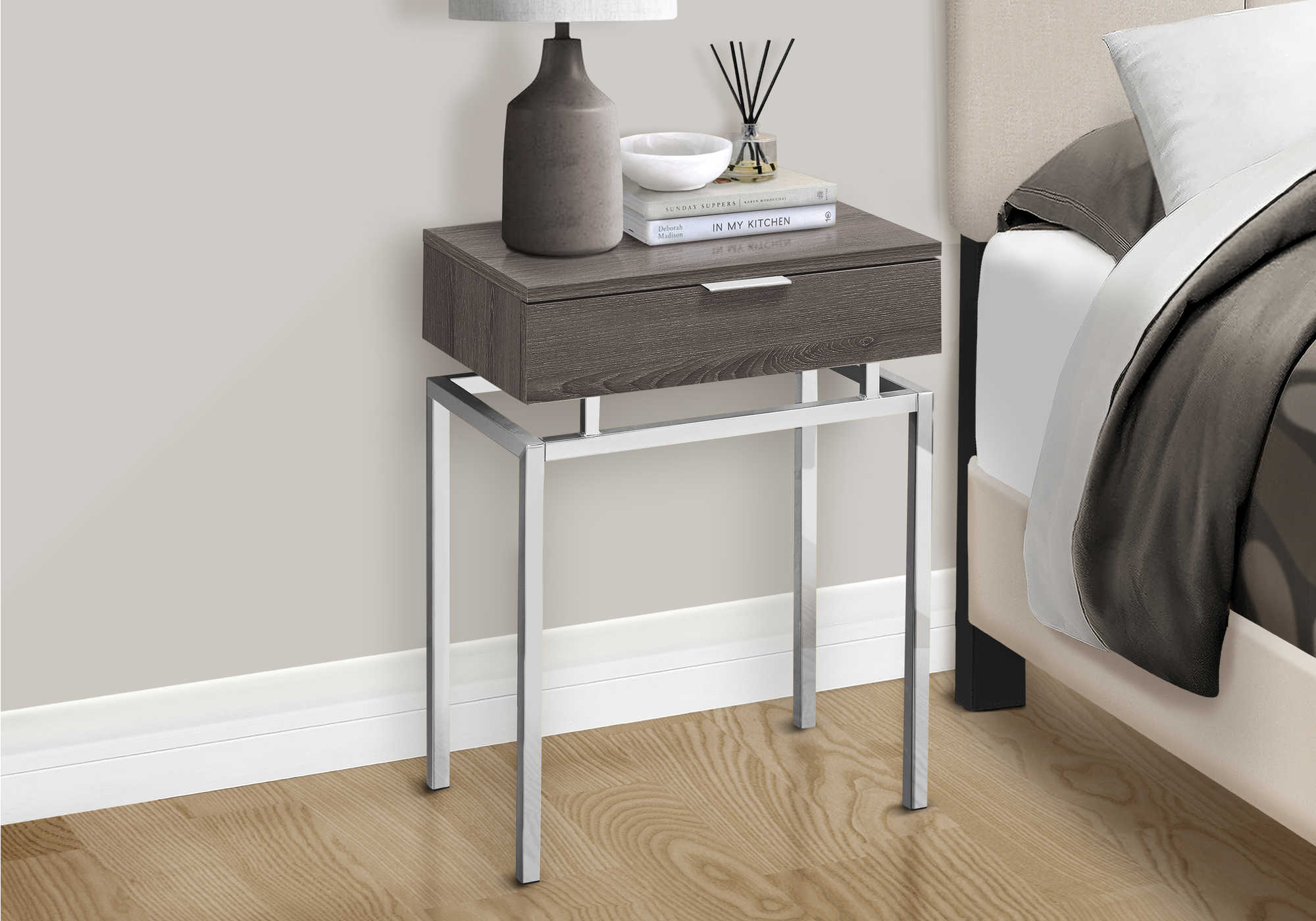 Image of nightstand - 24"h / dark taupe / chrome metal  i 3465.