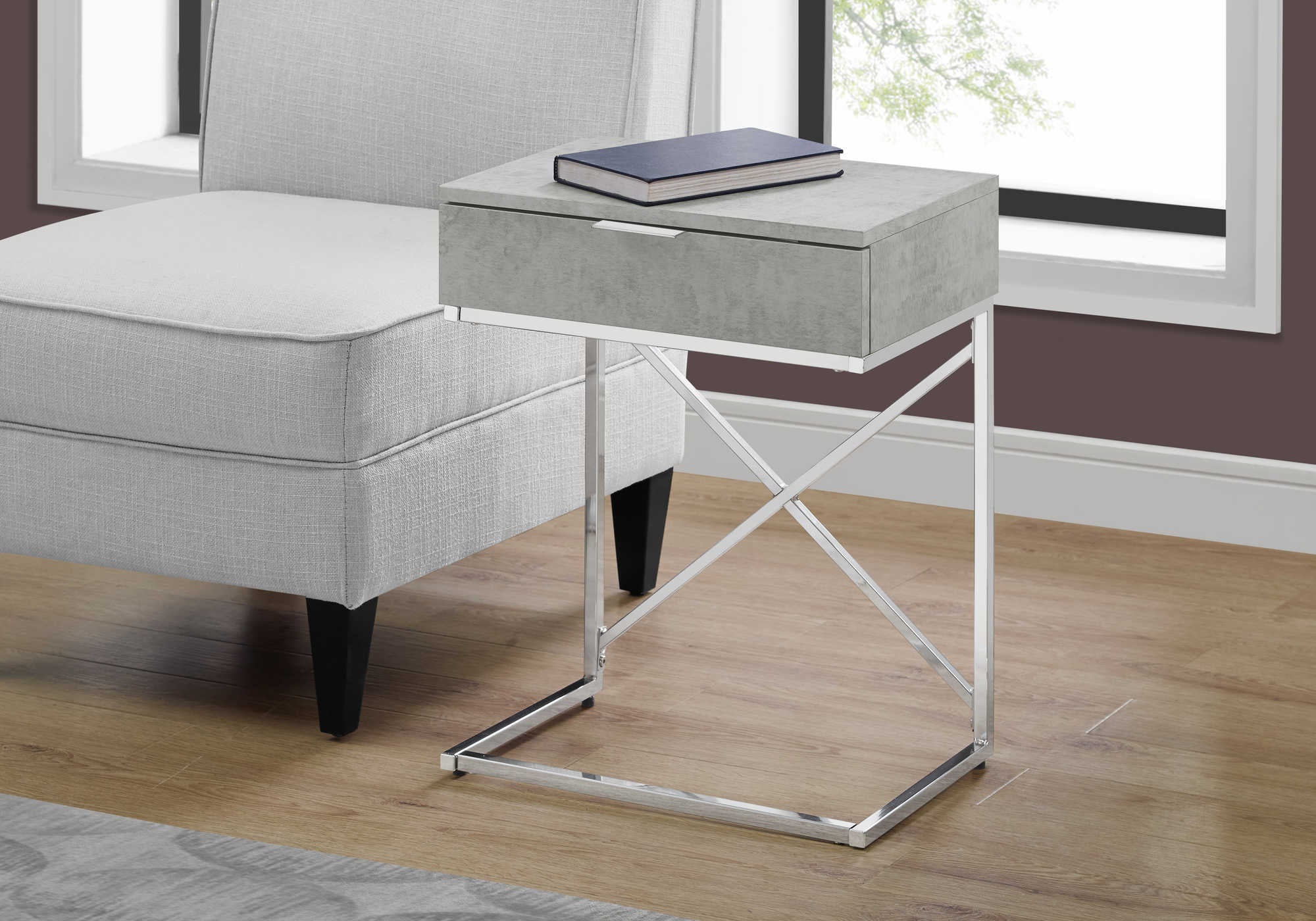 TABLE DE CHEVET - 24"H / GRIS CIMENTE / METAL CHROME – I 3471.