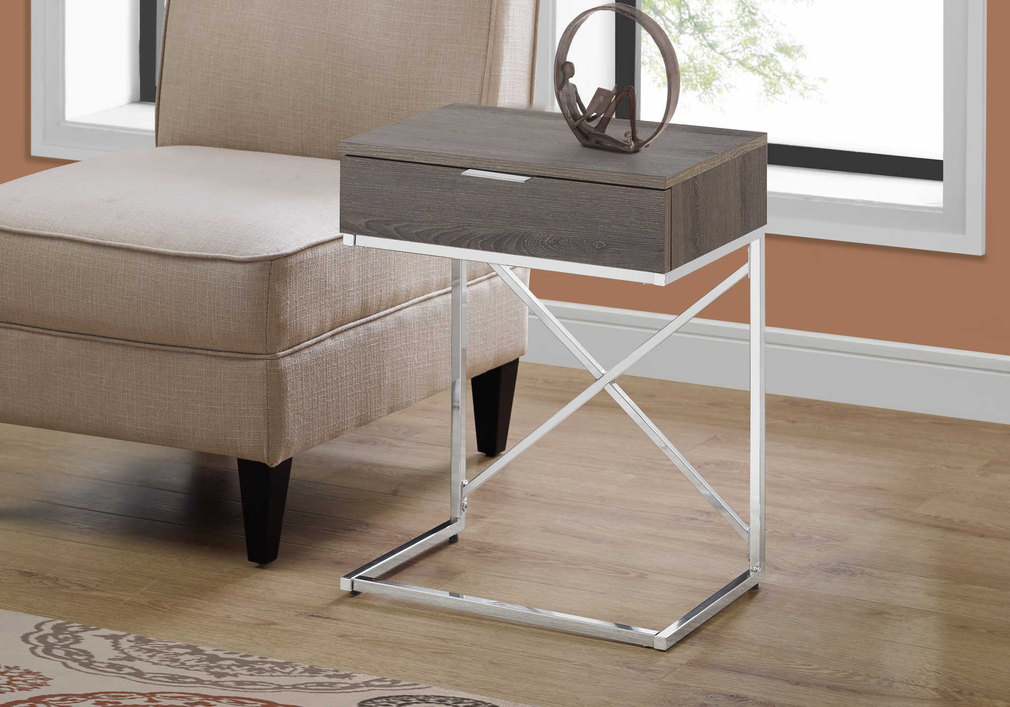 TABLE DE CHEVET - 24"H / TAUPE FONCE / METAL CHROME – I 3475.