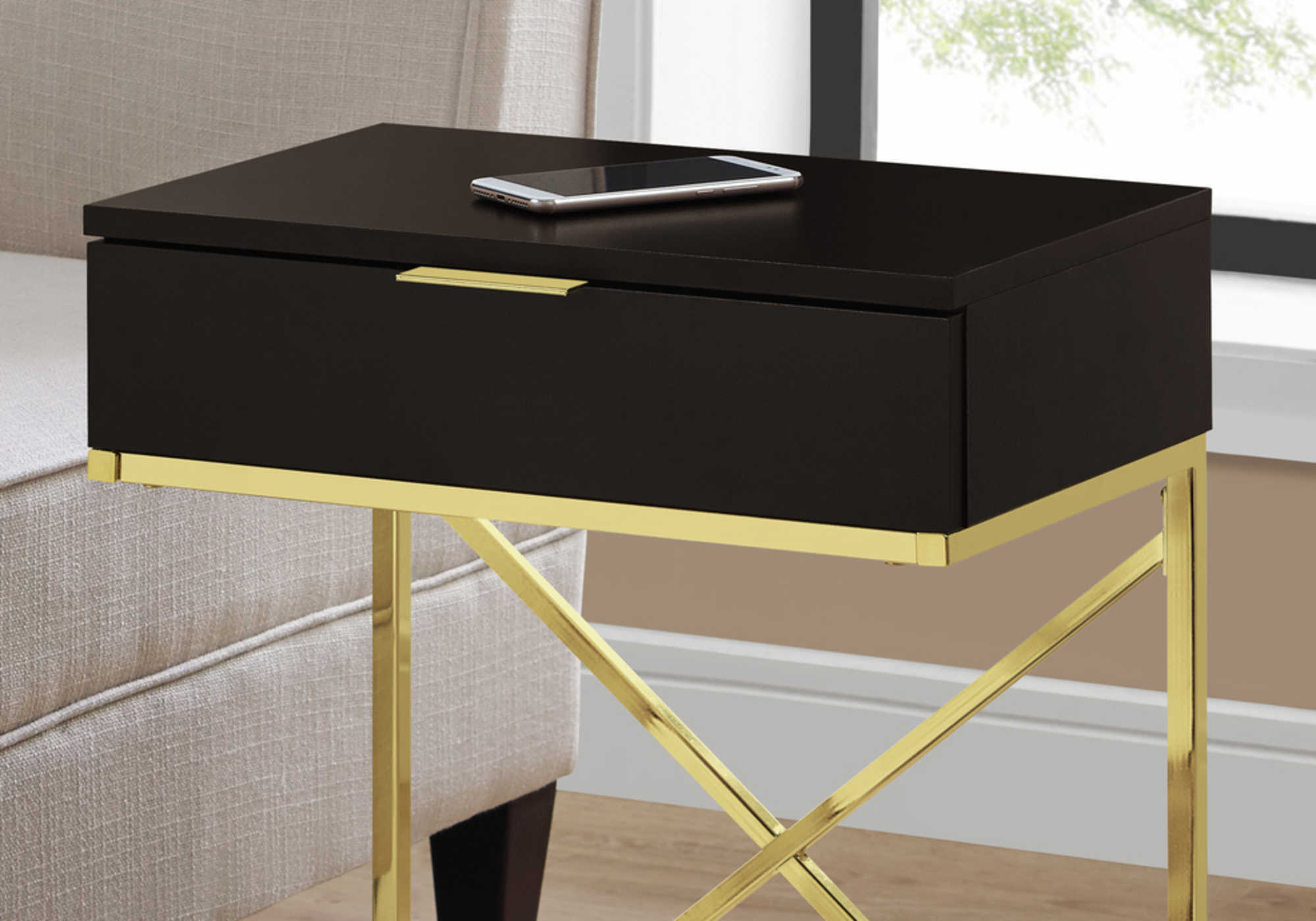 TABLE DE CHEVET - 24"H / ESPRESSO / METAL OR – I 3476.