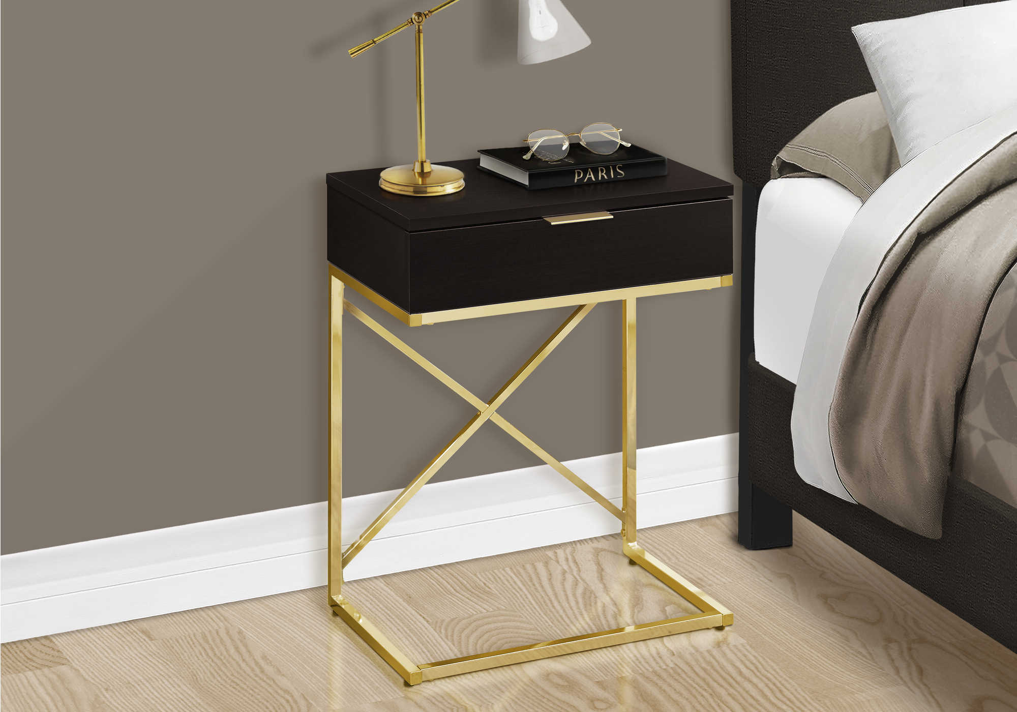 TABLE DE CHEVET - 24"H / ESPRESSO / METAL OR – I 3476.