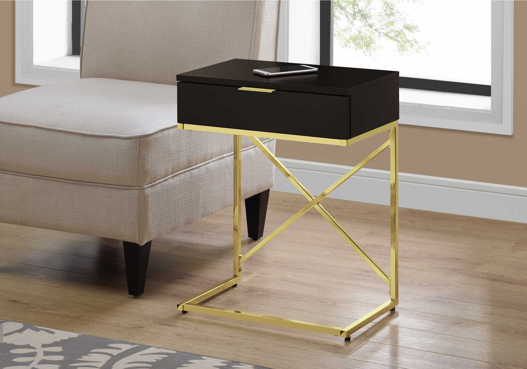 TABLE DE CHEVET - 24"H / ESPRESSO / METAL OR – I 3476.