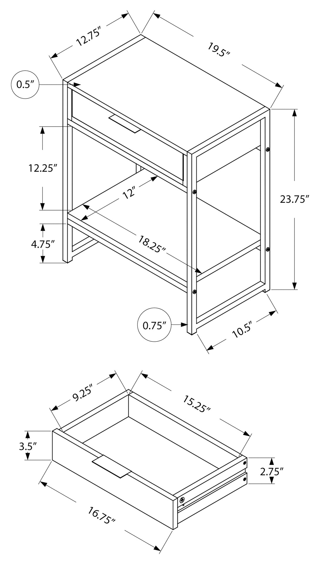 TABLE DE CHEVET - 24"H / BLANC LUSTRE / METAL CHROME – I 3480.