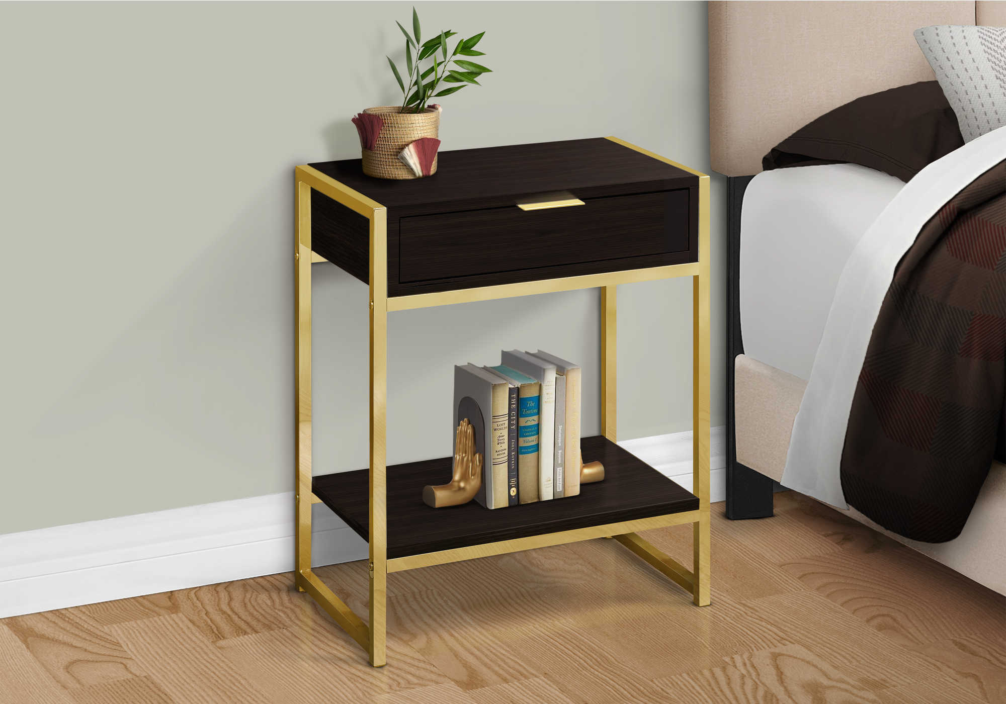 TABLE DE CHEVET - 24"H / ESPRESSO / METAL OR – I 3486.