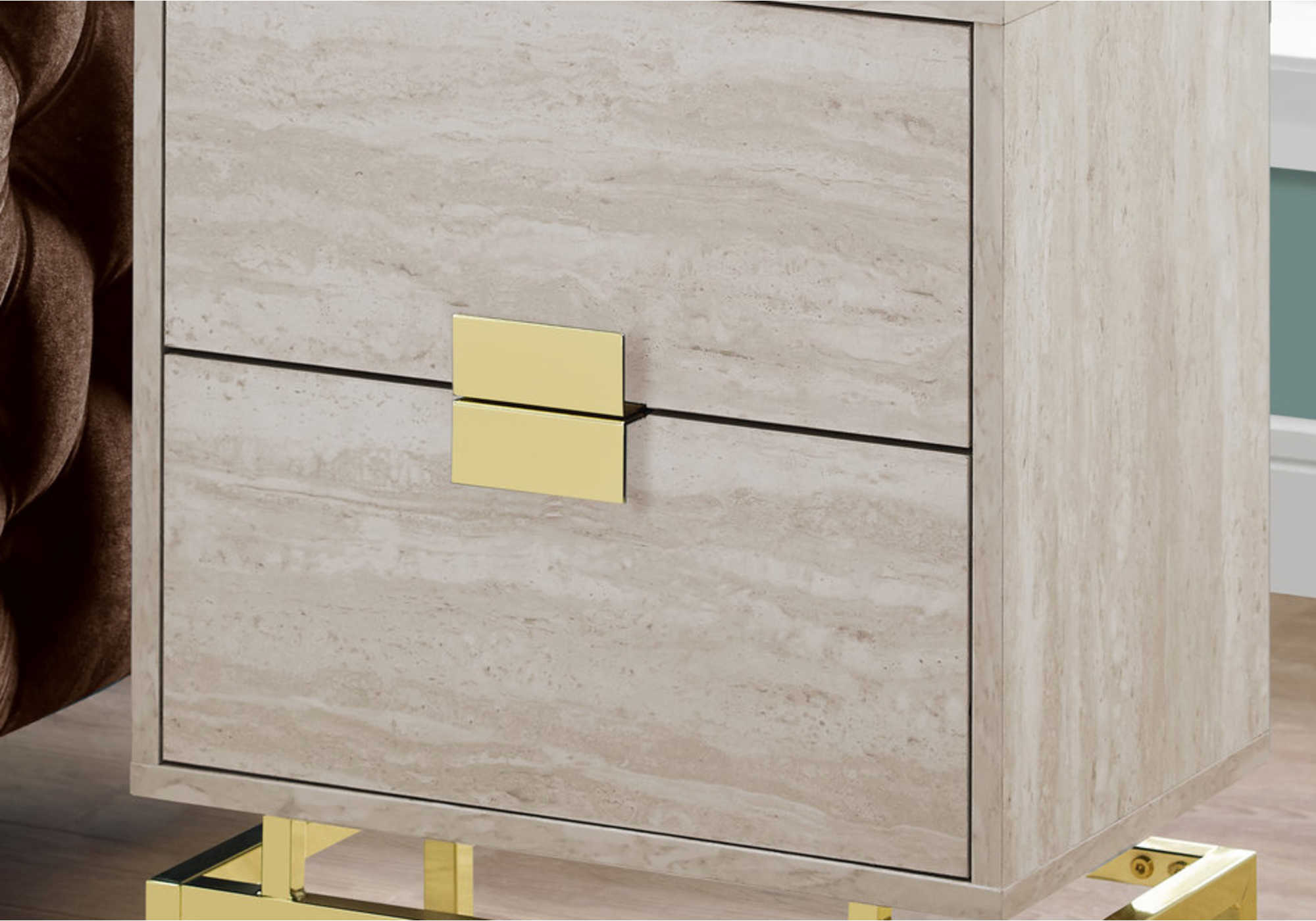 TABLE DE CHEVET - 24"H / MARBRE BEIGE / METAL OR – I 3493.