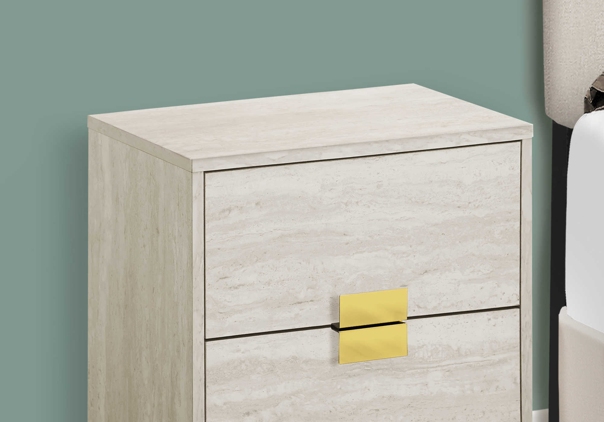 TABLE DE CHEVET - 24"H / MARBRE BEIGE / METAL OR – I 3493.