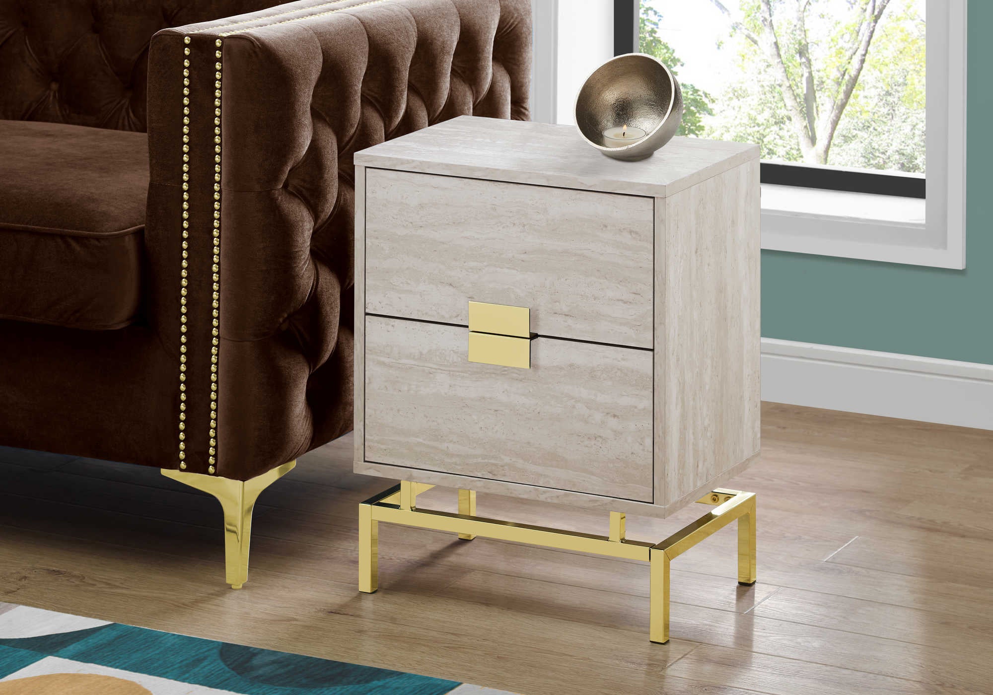 TABLE DE CHEVET - 24"H / MARBRE BEIGE / METAL OR – I 3493.