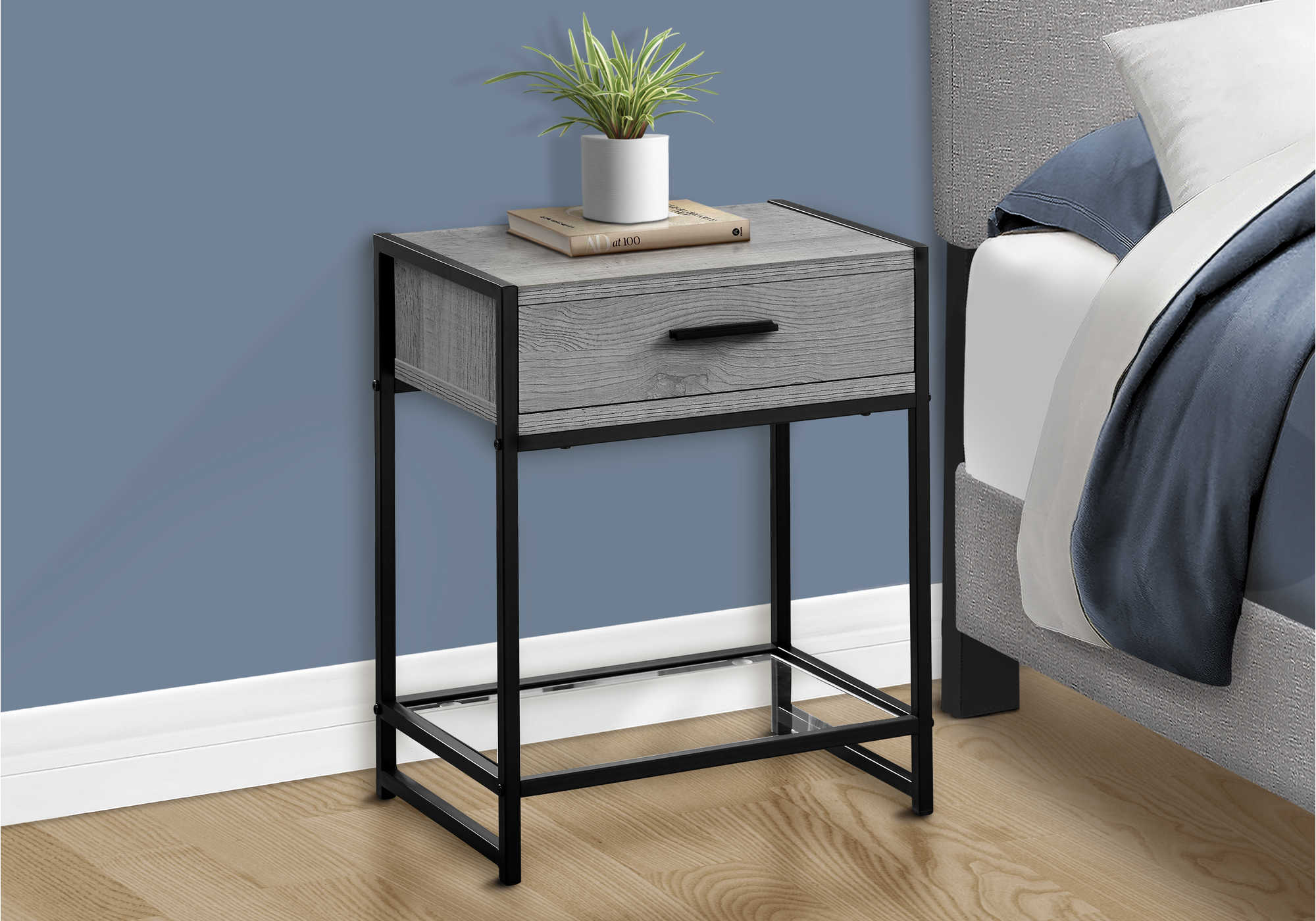 Image of nightstand - 22"h / grey / black metal / tempered glass  i 3500.
