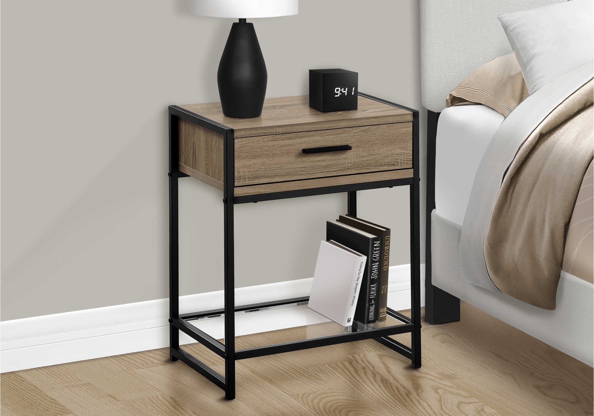 Image of nightstand - 22"h / dark taupe / black / tempered glass  i 3501.