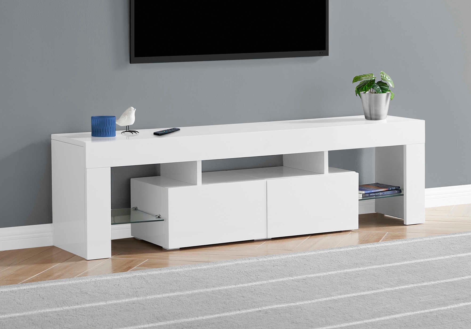 Image of tv stand - 63"l / high glossy white with tempered glass  i 3548.