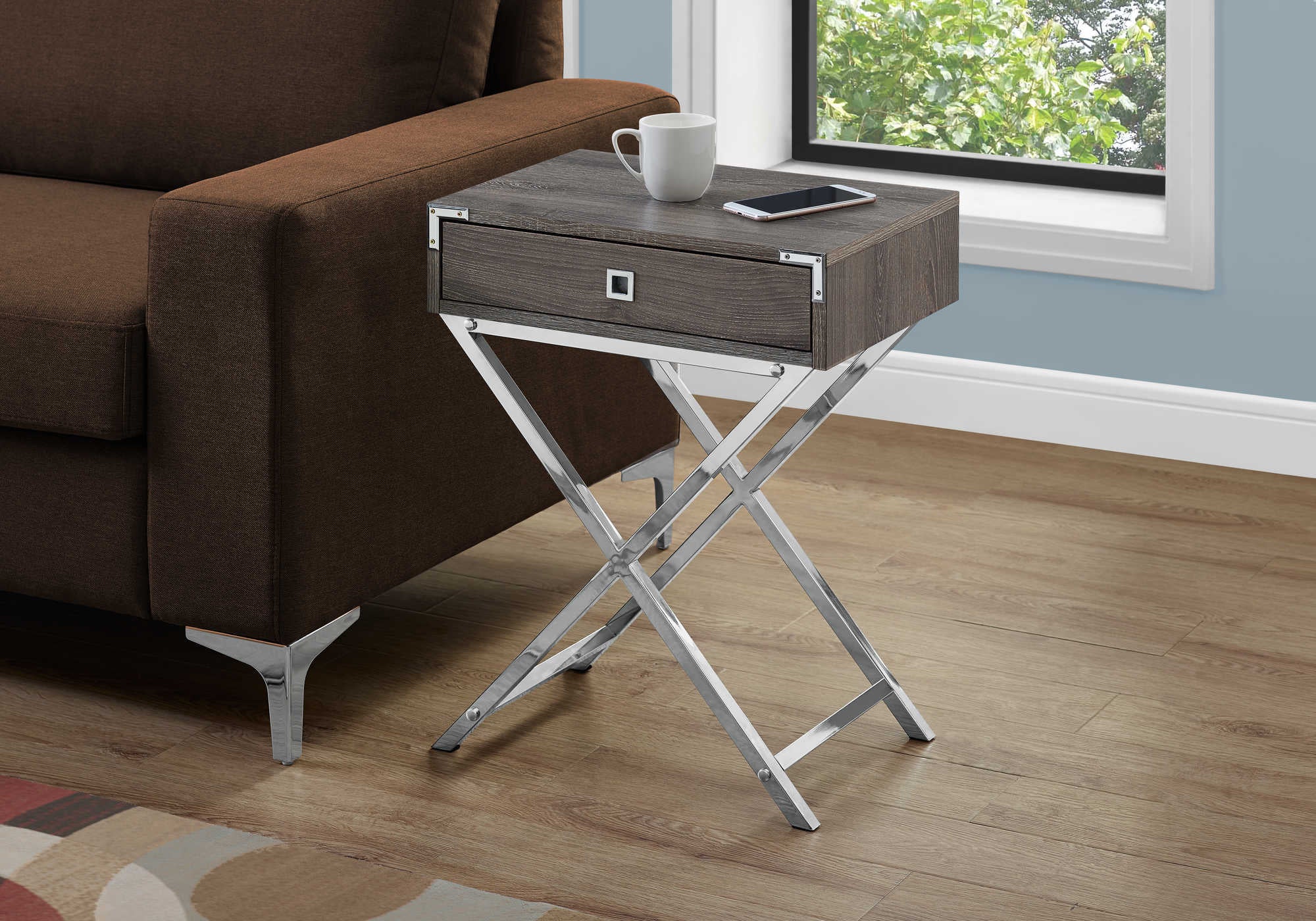 TABLE DE CHEVET - 24"H / TAUPE FONCE / METAL CHROME – I 3555.