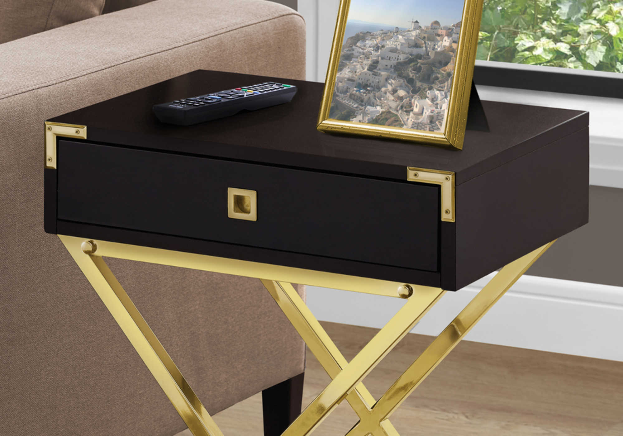 TABLE DE CHEVET - 24"H / ESPRESSO / METAL OR – I 3556.