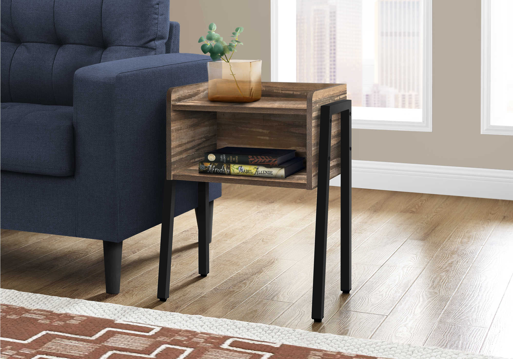 TABLE DE CHEVET - 23"H / FAUX BOIS BRUN / METAL NOIR – I 3583.
