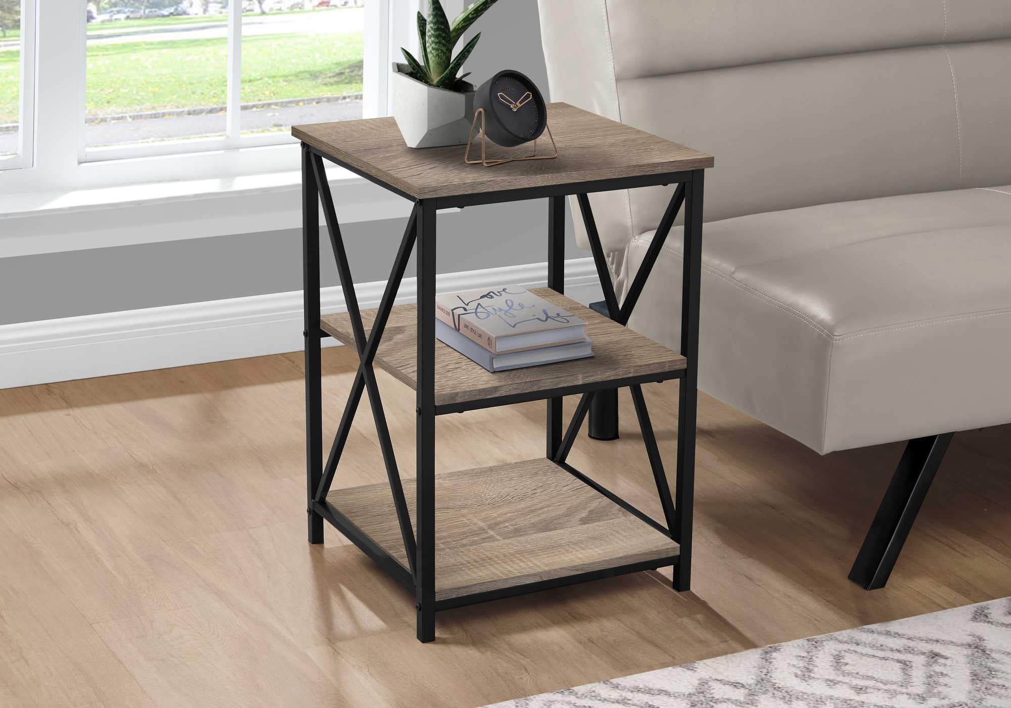 TABLE DE CHEVET - 26"H / TAUPE FONCE / METAL NOIR – I 3597.
