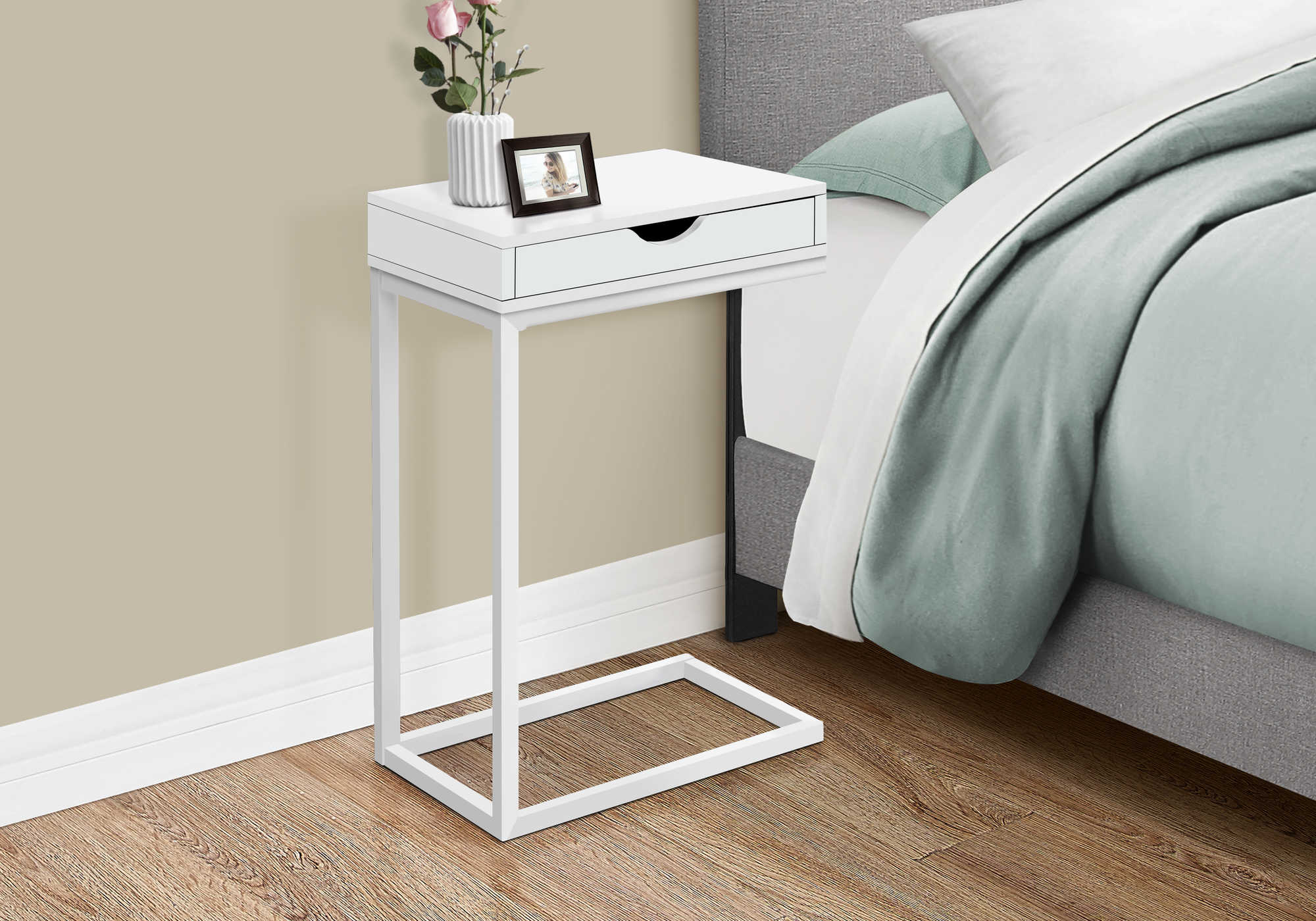 Image of nightstand - white / white metal with a drawer  i 3601.