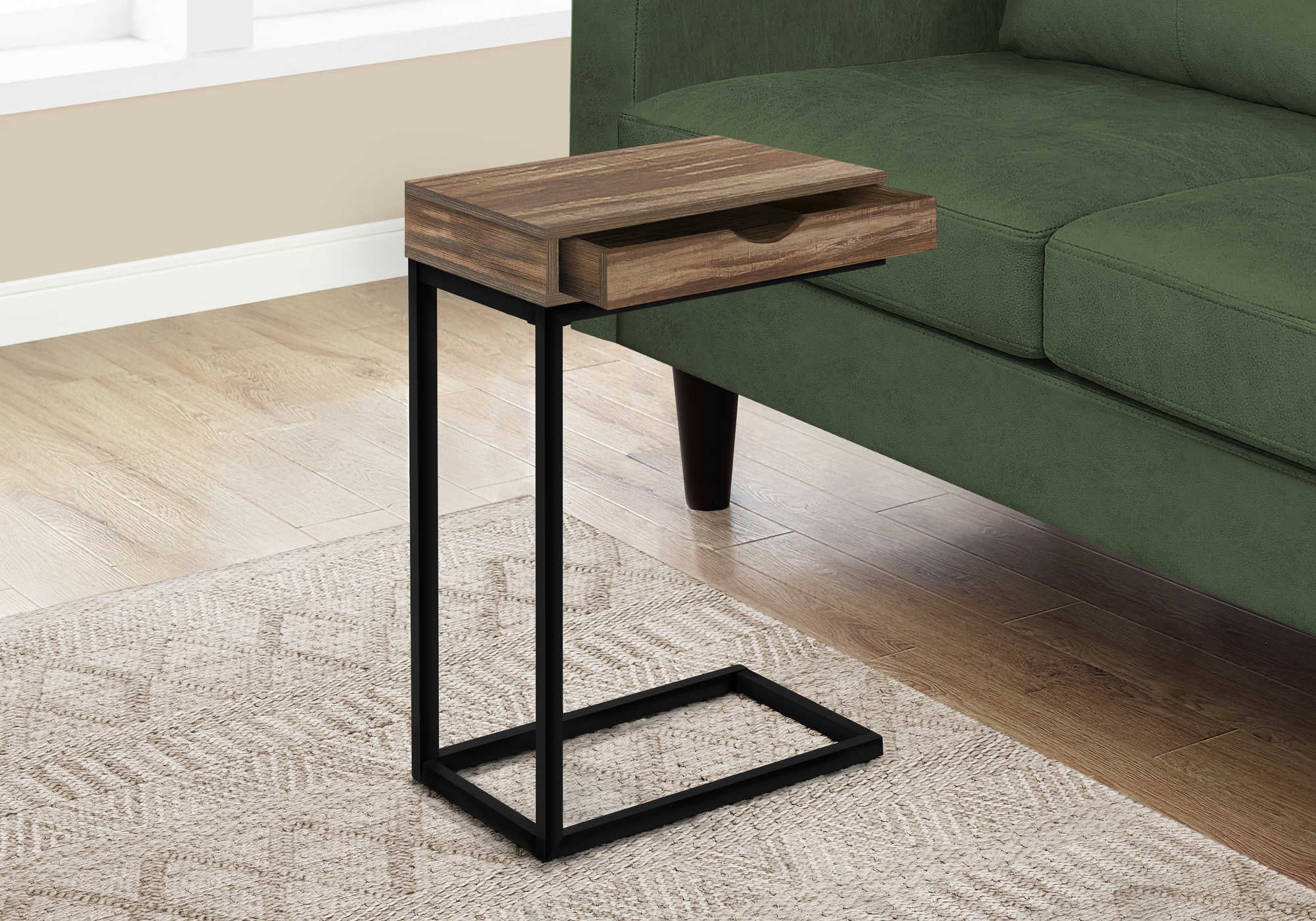 TABLE DE CHEVET - FAUX BOIS BRUN / METAL NOIR – I 3602.