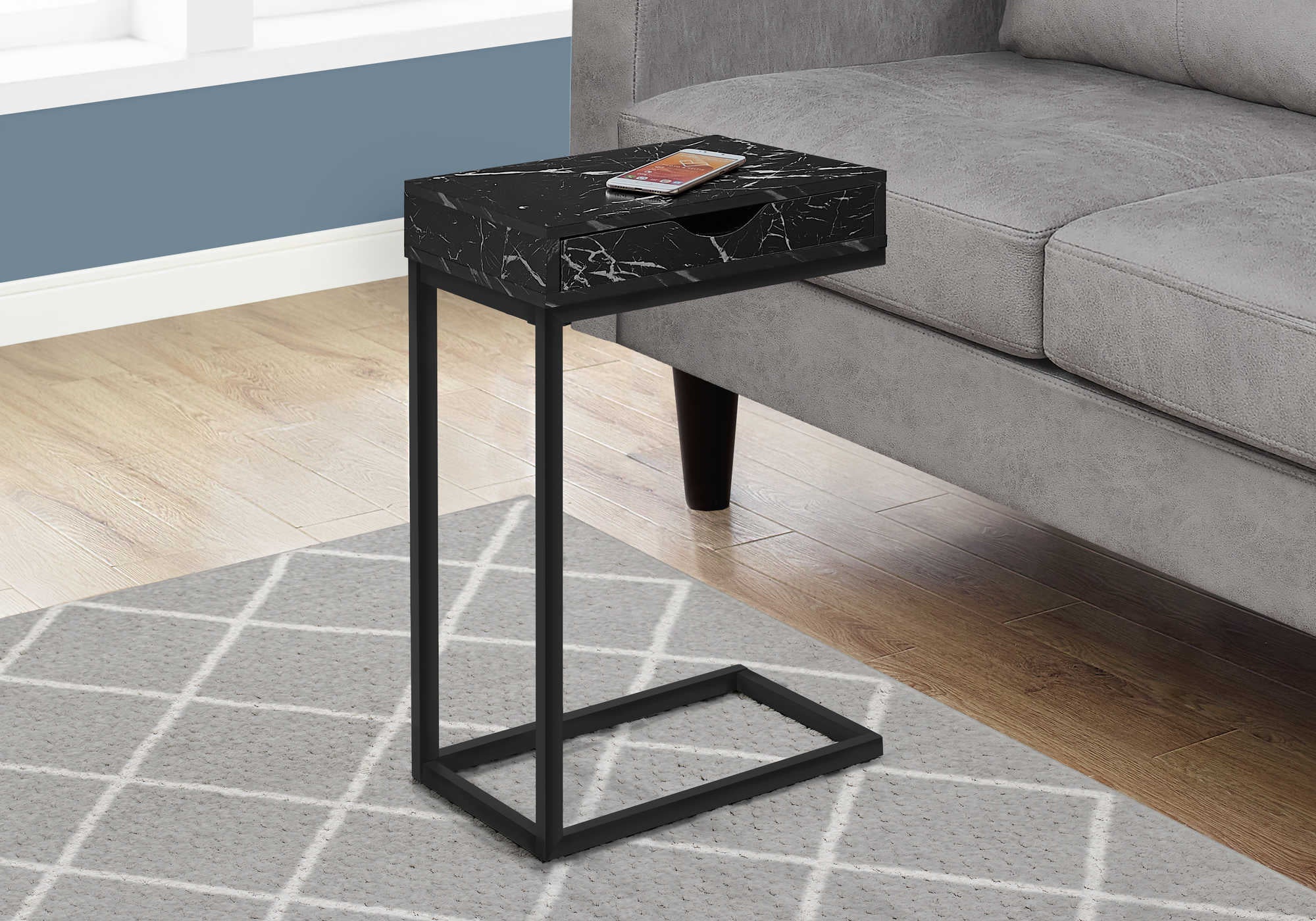 TABLE DE CHEVET - MARBRE NOIR / METAL NOIR ET TIROIR – I 3604.