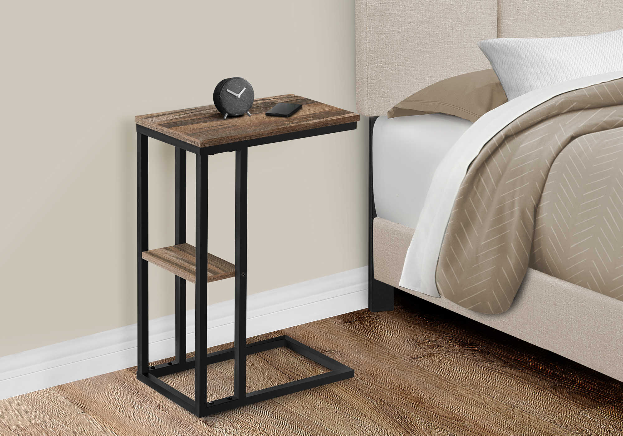 TABLE DE CHEVET - 25"H / FAUX BOIS BRUN / METAL NOIR – I 3673.