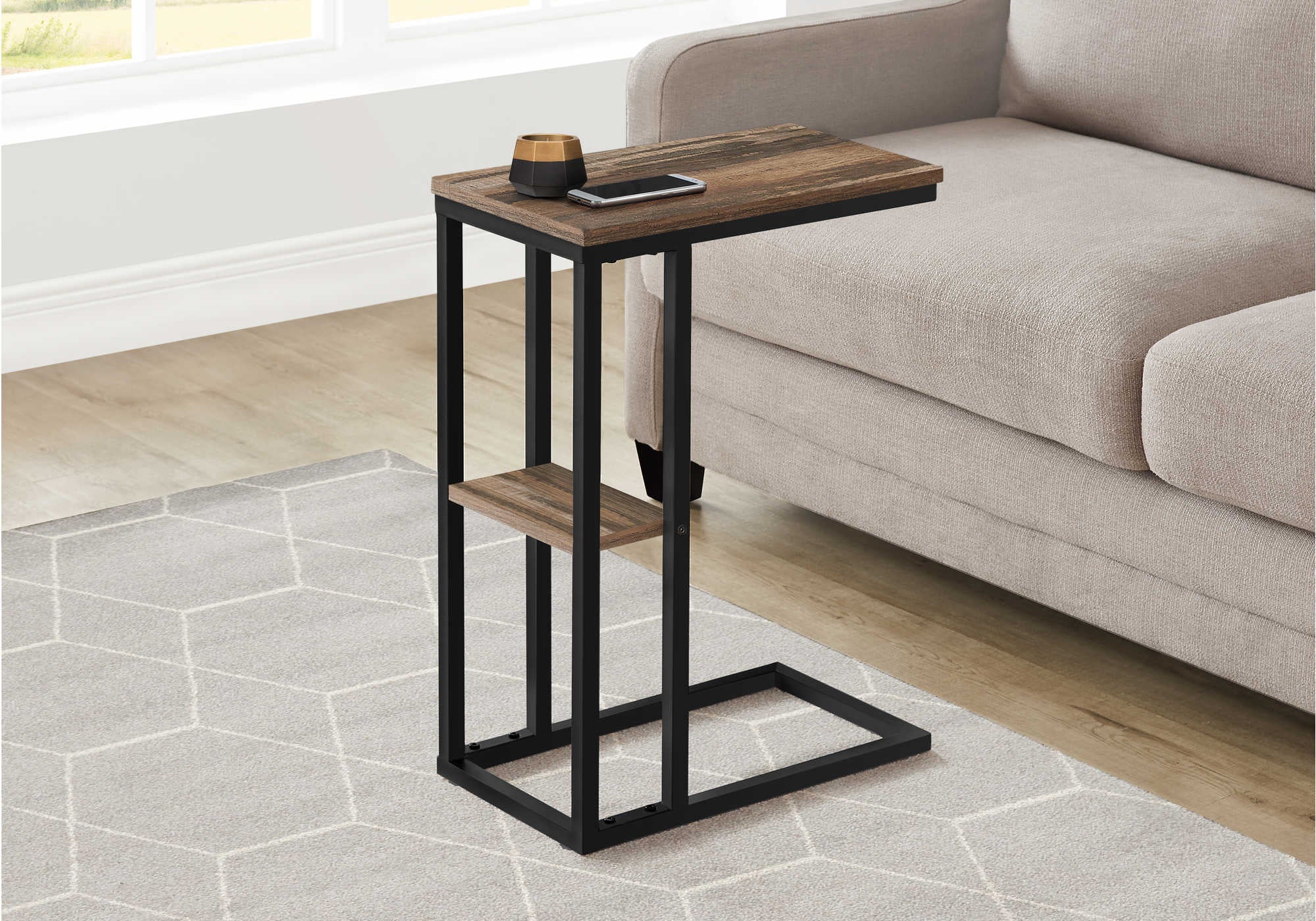 TABLE DE CHEVET - 25"H / FAUX BOIS BRUN / METAL NOIR – I 3673.