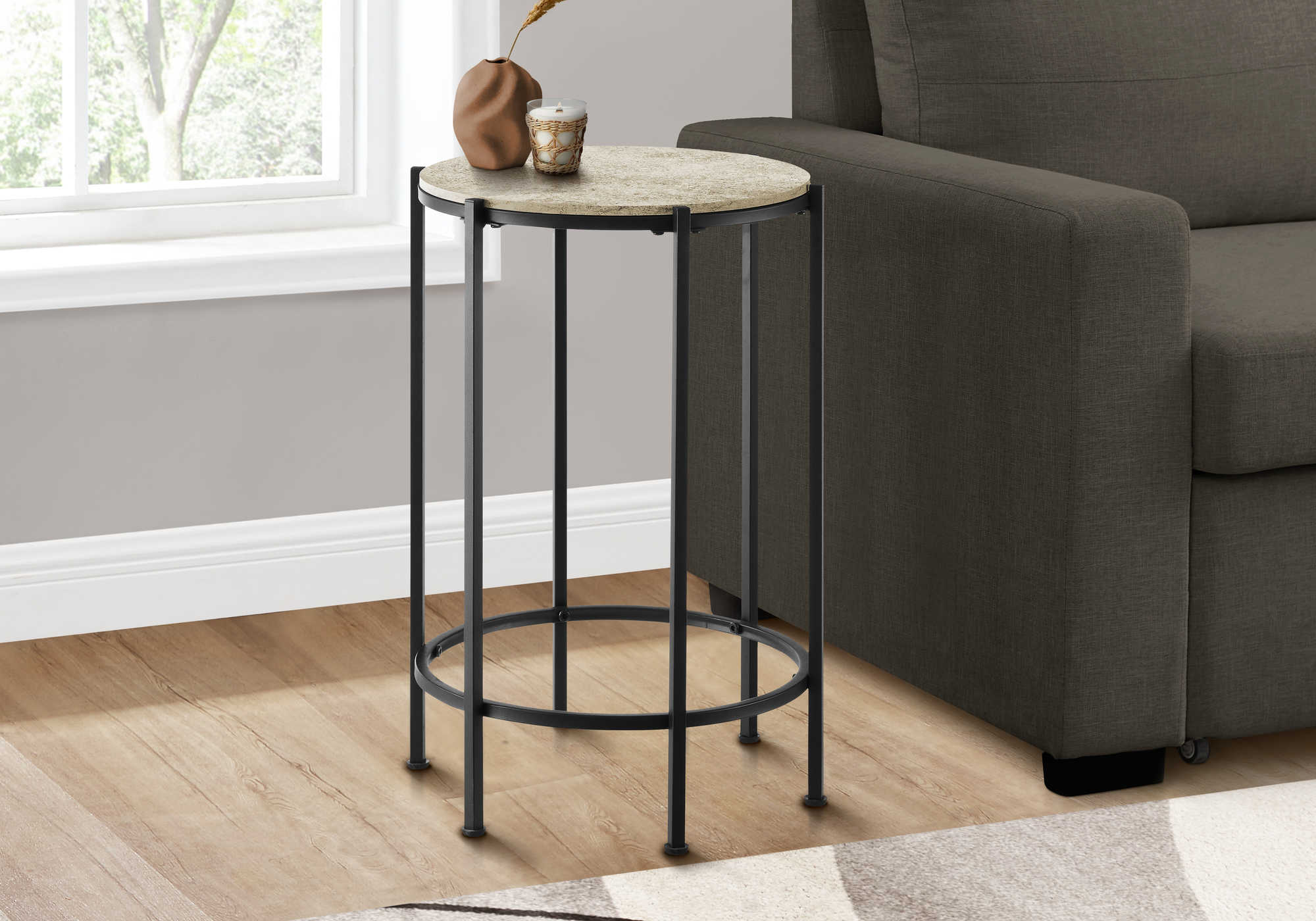 TABLE DE CHEVET - 24"H / PIERRE CREME / METAL NOIR – I 3758.