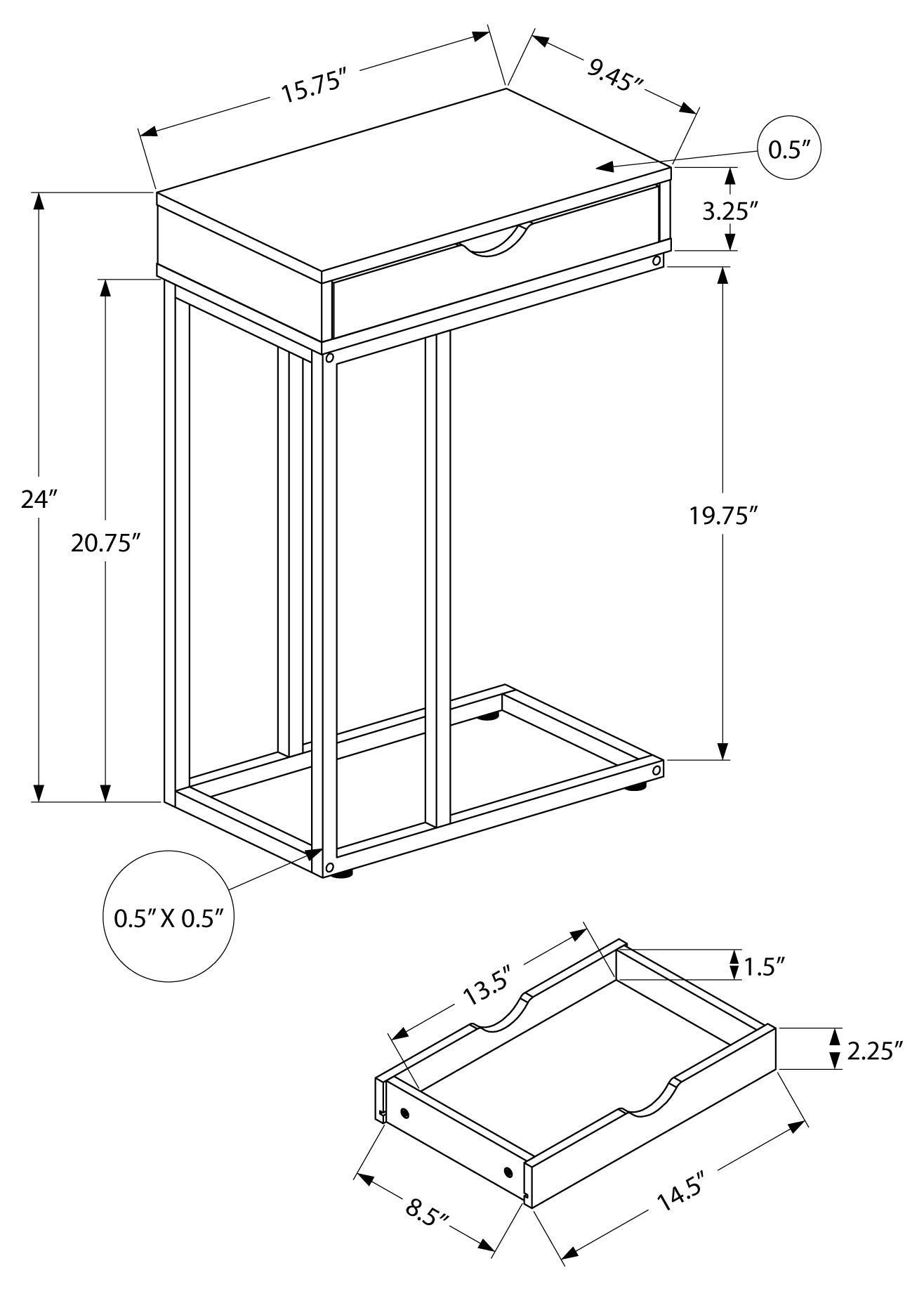 TABLE DE CHEVET - 25"H / BLANC / METAL ARGENT – I 3774.