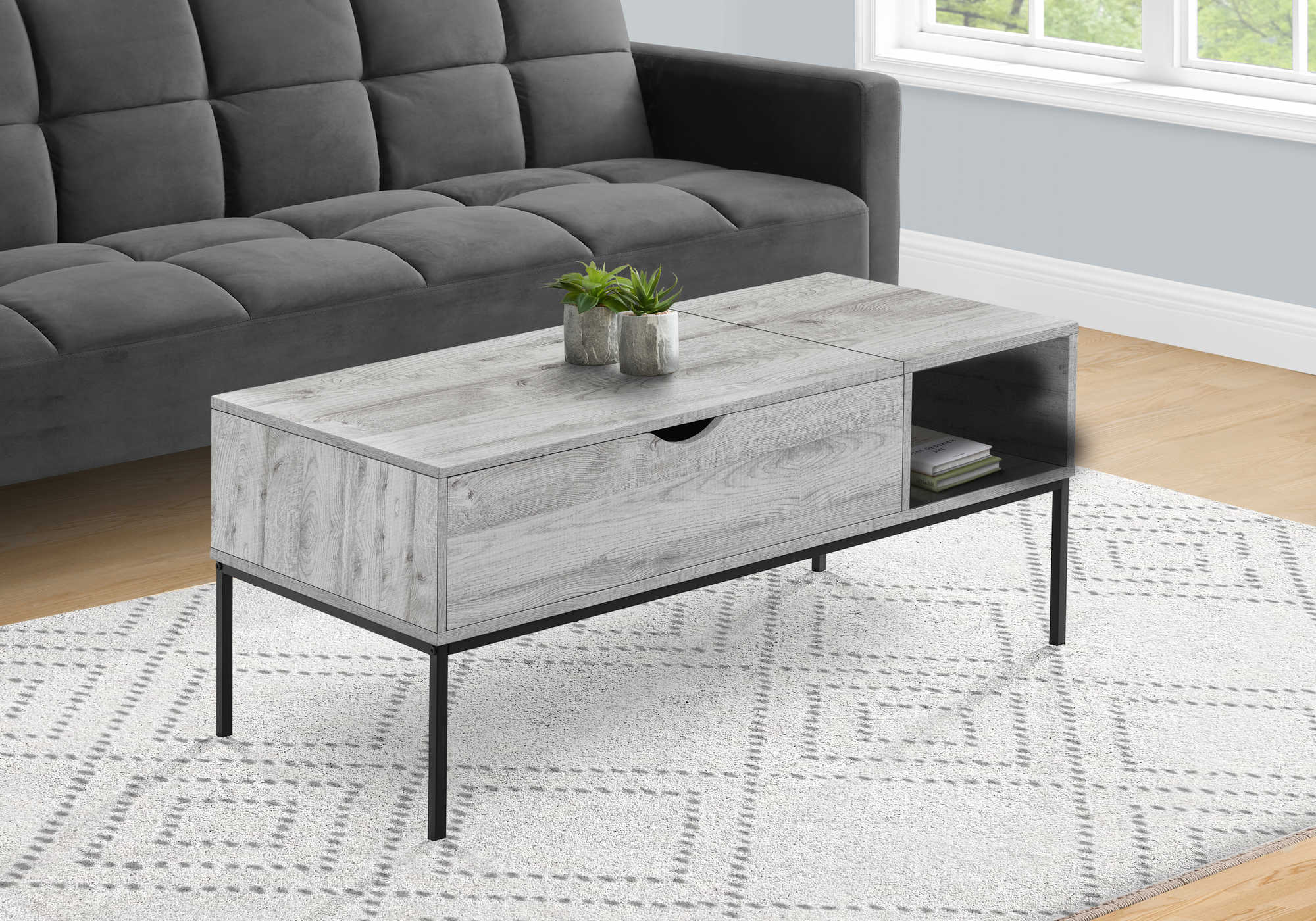 Image of coffee table - 42"l / lift-top grey / black metal i 3805.