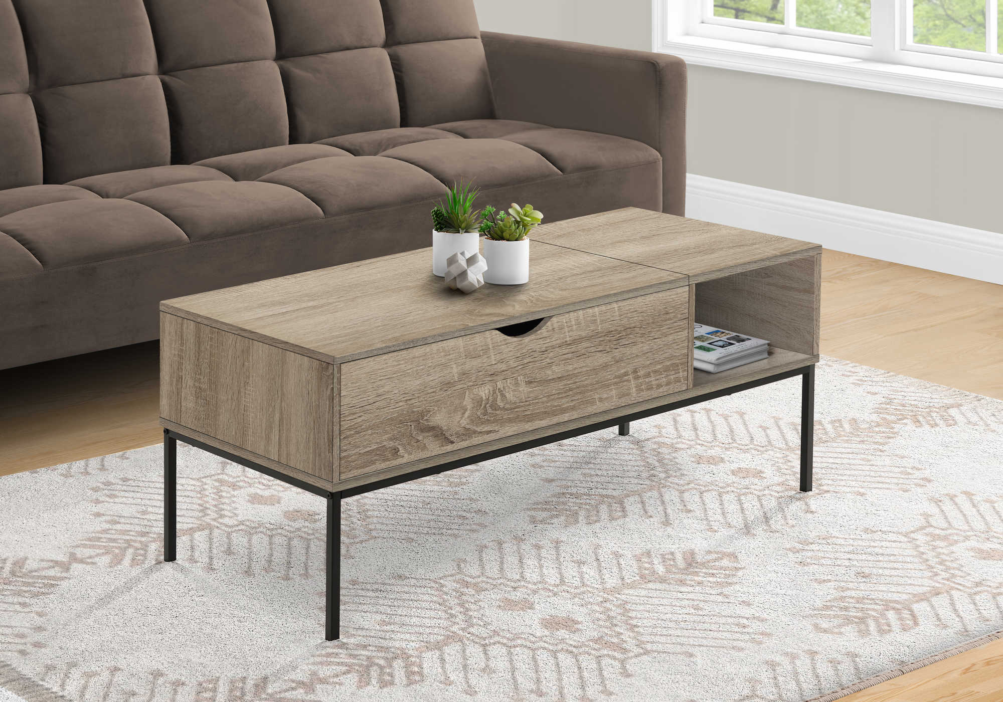 Image of coffee table - 42"l / lift-top dark taupe / black metal i 3806.
