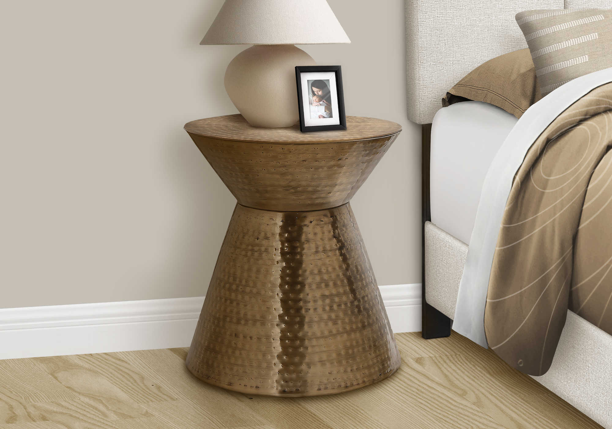 Image of nightstand - 22"h / copper iron metal drum end table  i 3928.
