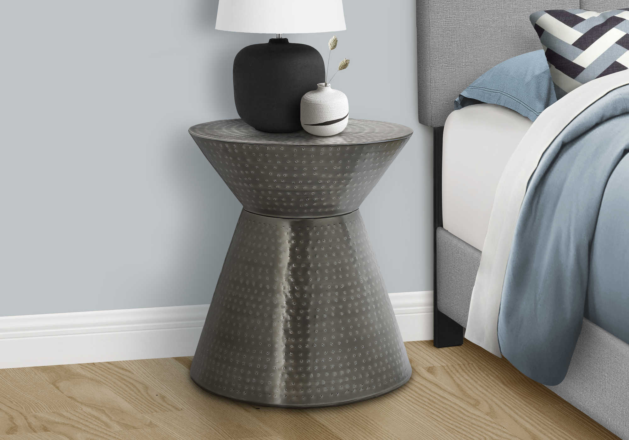 Image of nightstand - 22"h / silver grey iron metal drum end   i 3929.