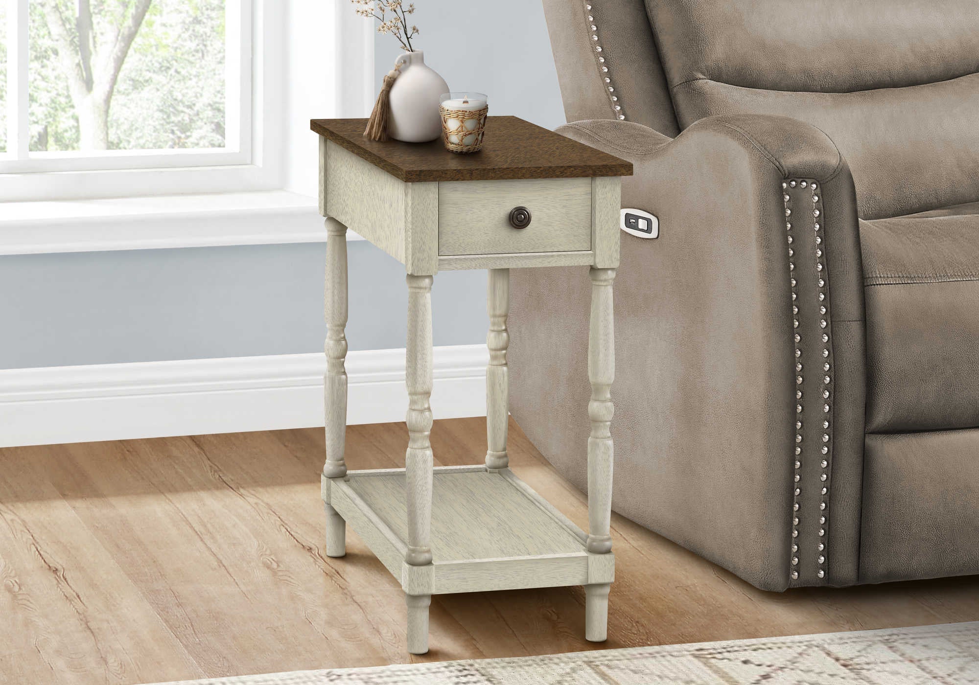 TABLE DE CHEVET - 24"H/BOIS PLAQUE BLANC ANTIQUE/ESPRESSO – I 3958.