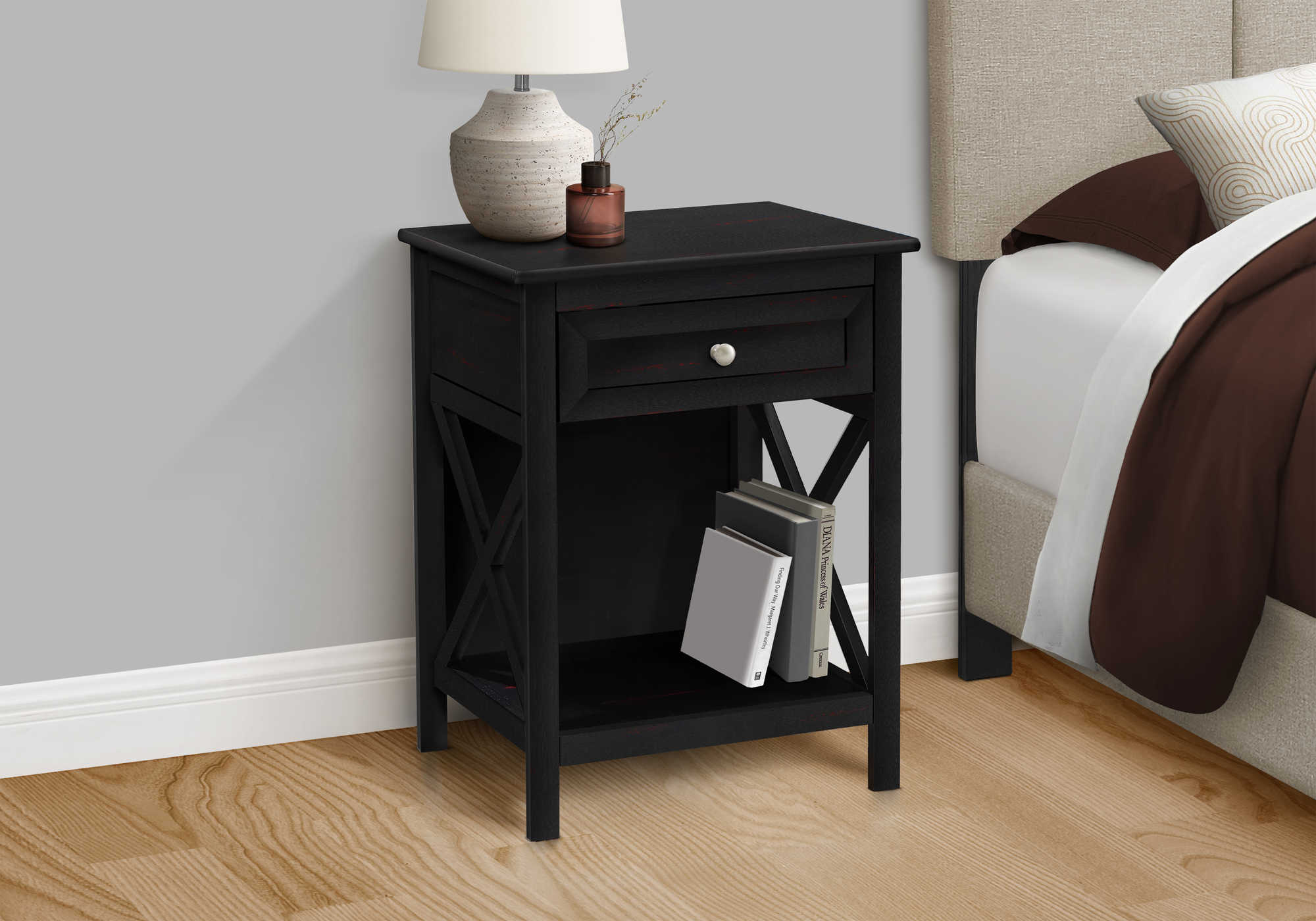 TABLE DE CHEVET - 25"H / BOIS PLAQUE NOIR – I 3986.