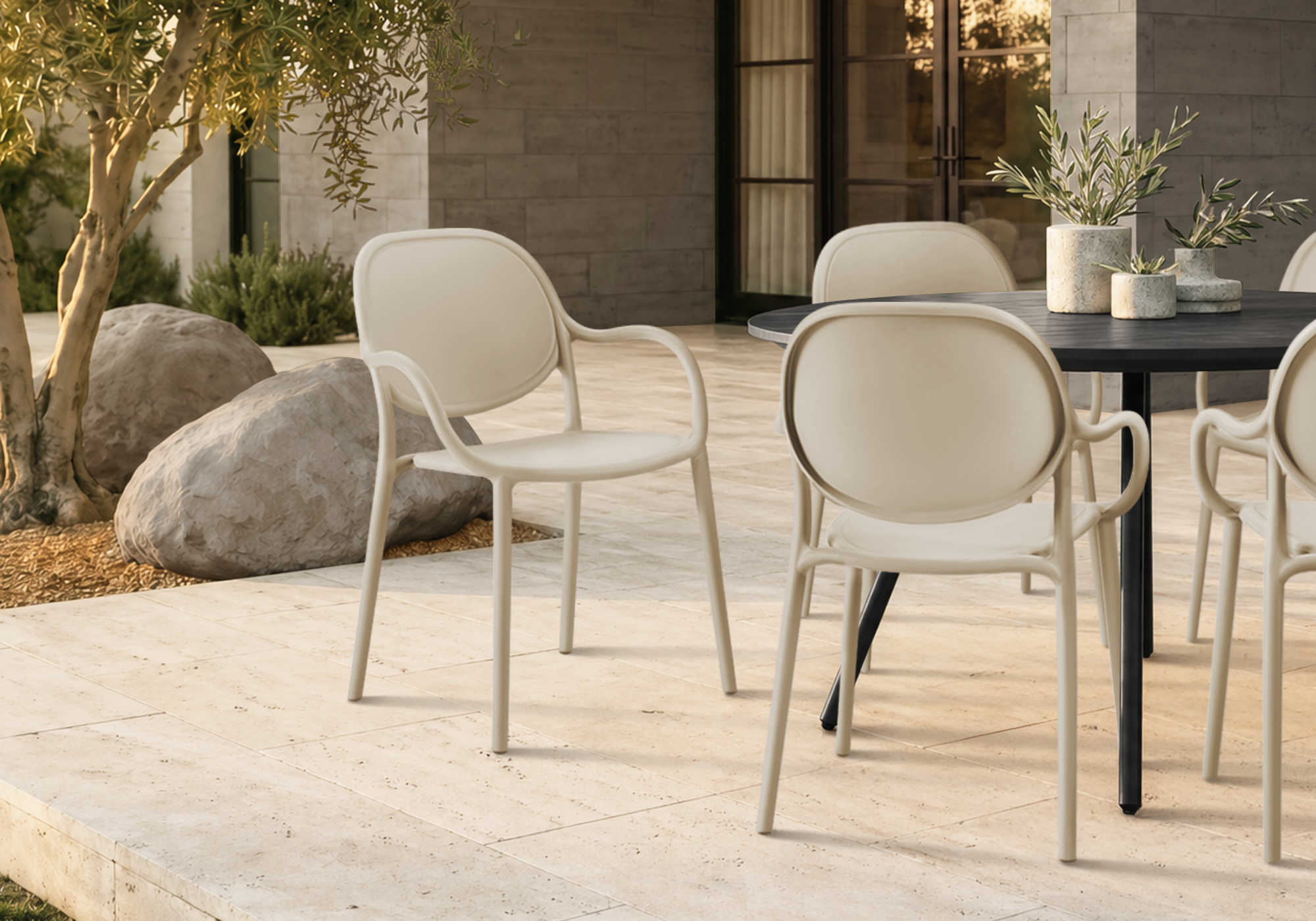 CHAISE D’EXTERIEUR - FAUTEUIL EMPILABLE TAUPE / 4PCS – I 4022