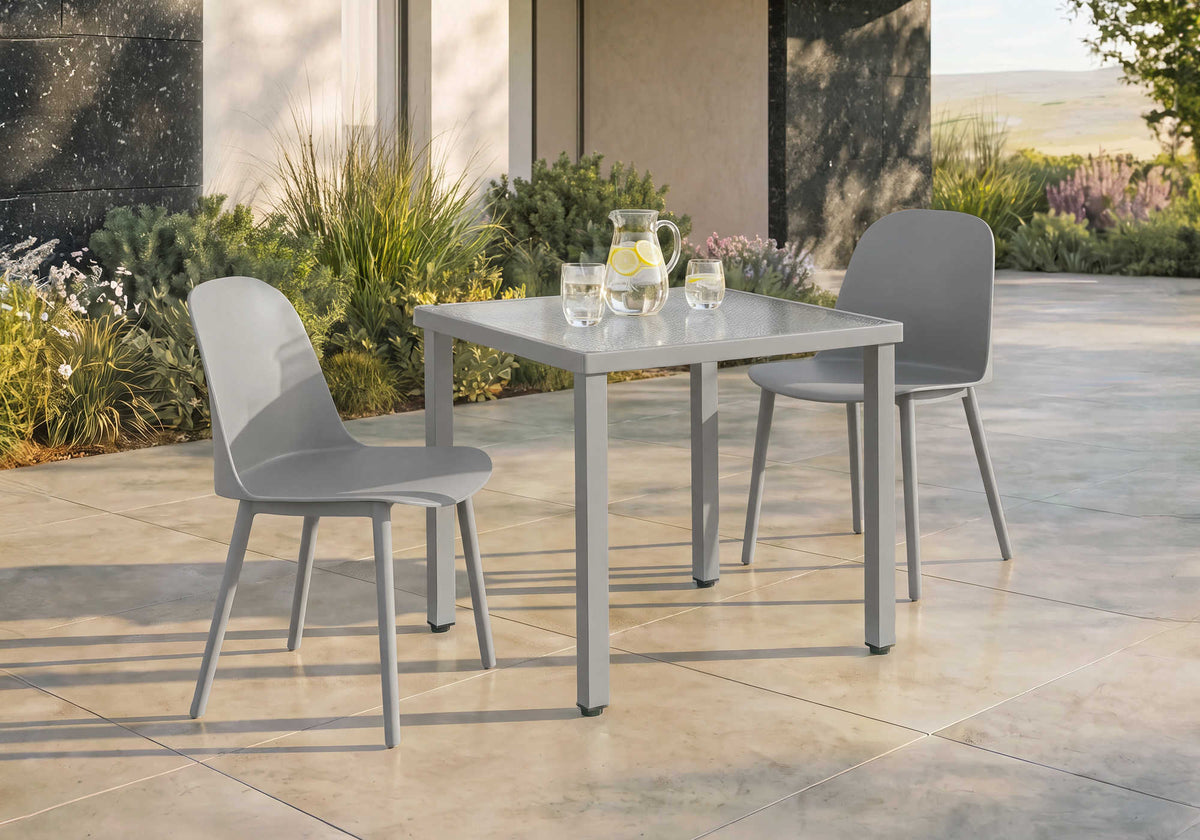 TABLE D’EXTERIEUR - 32" X 32" METAL GRIS AVEC VERRE TREMPE – I 4051