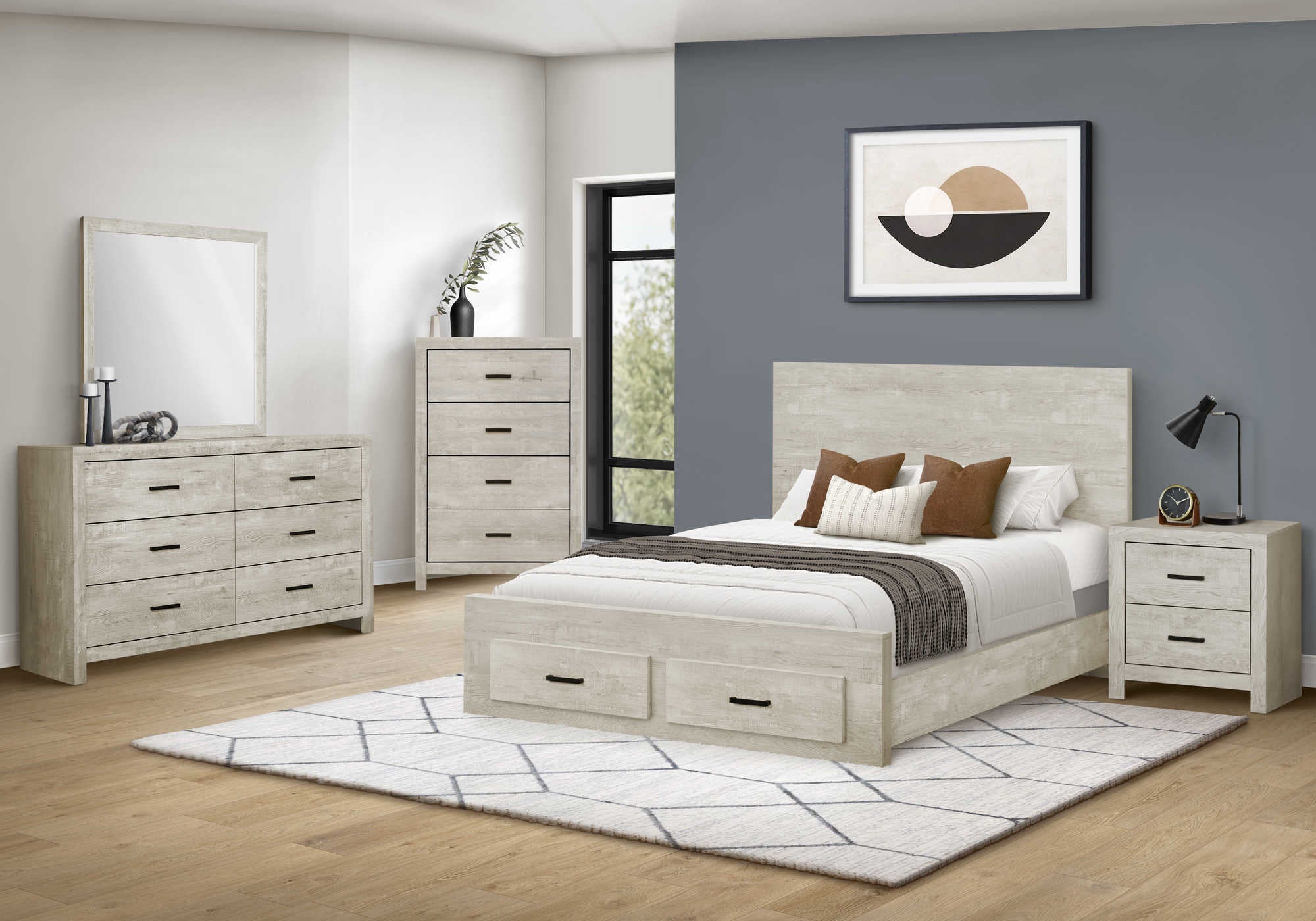CHAMBRE A COUCHER - LIT QUEEN / CHENE BLANCHI / TIROIR – I 5211Q