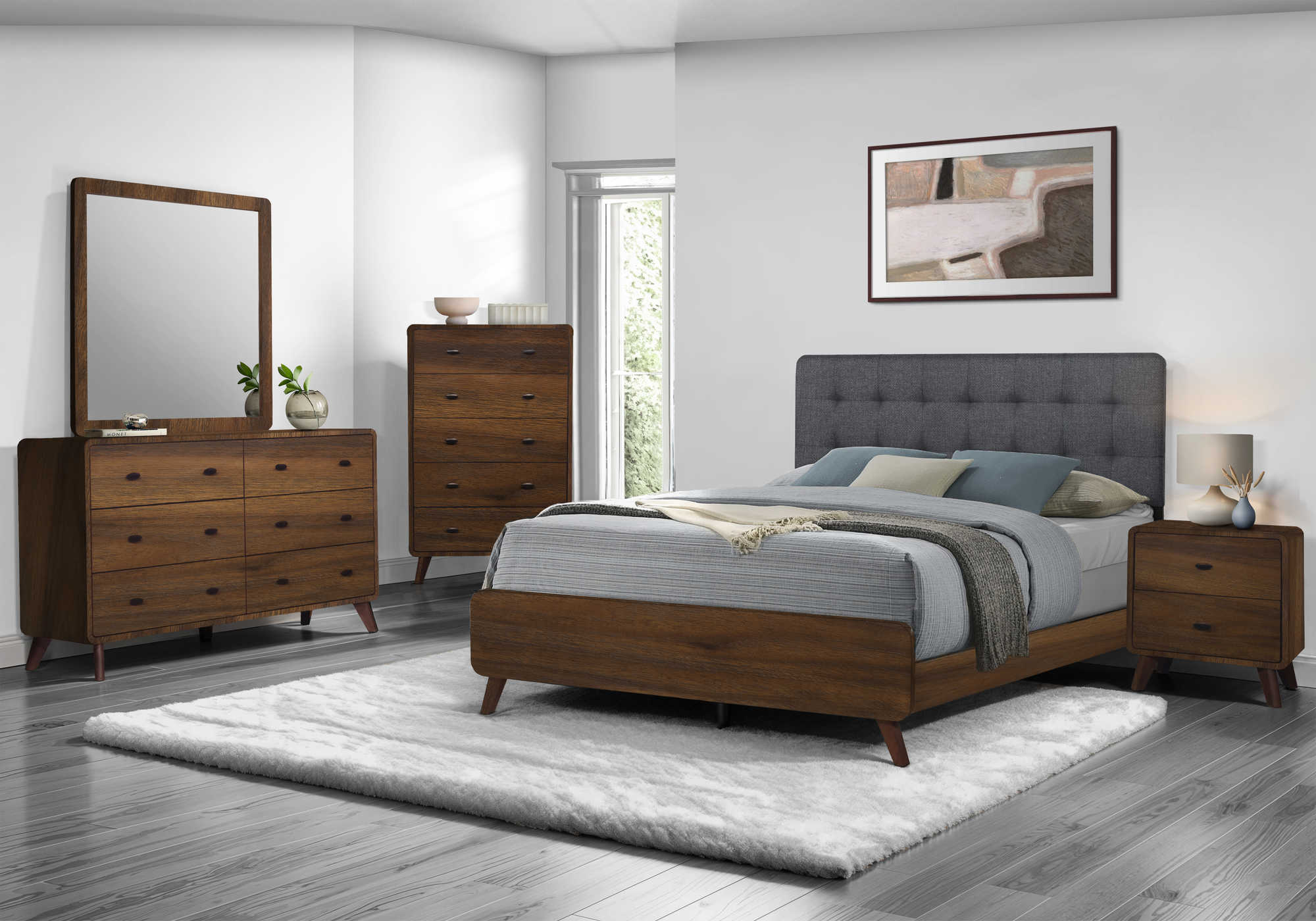 CHAMBRE A COUCHER - LIT QUEEN / TISSU GRIS / NOYER – I 5230Q