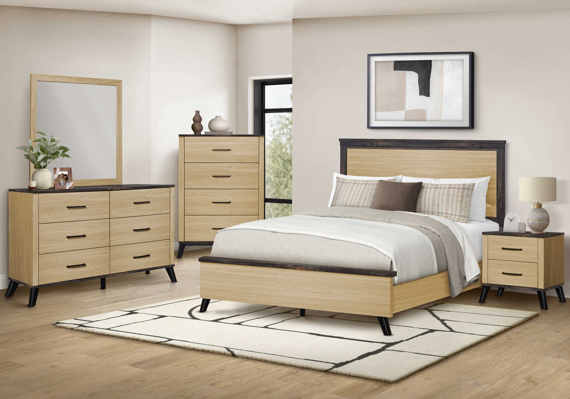 CHAMBRE A COUCHER - LIT QUEEN / CHENE PALE / DESSUS RUSTIQUE – I 5255Q