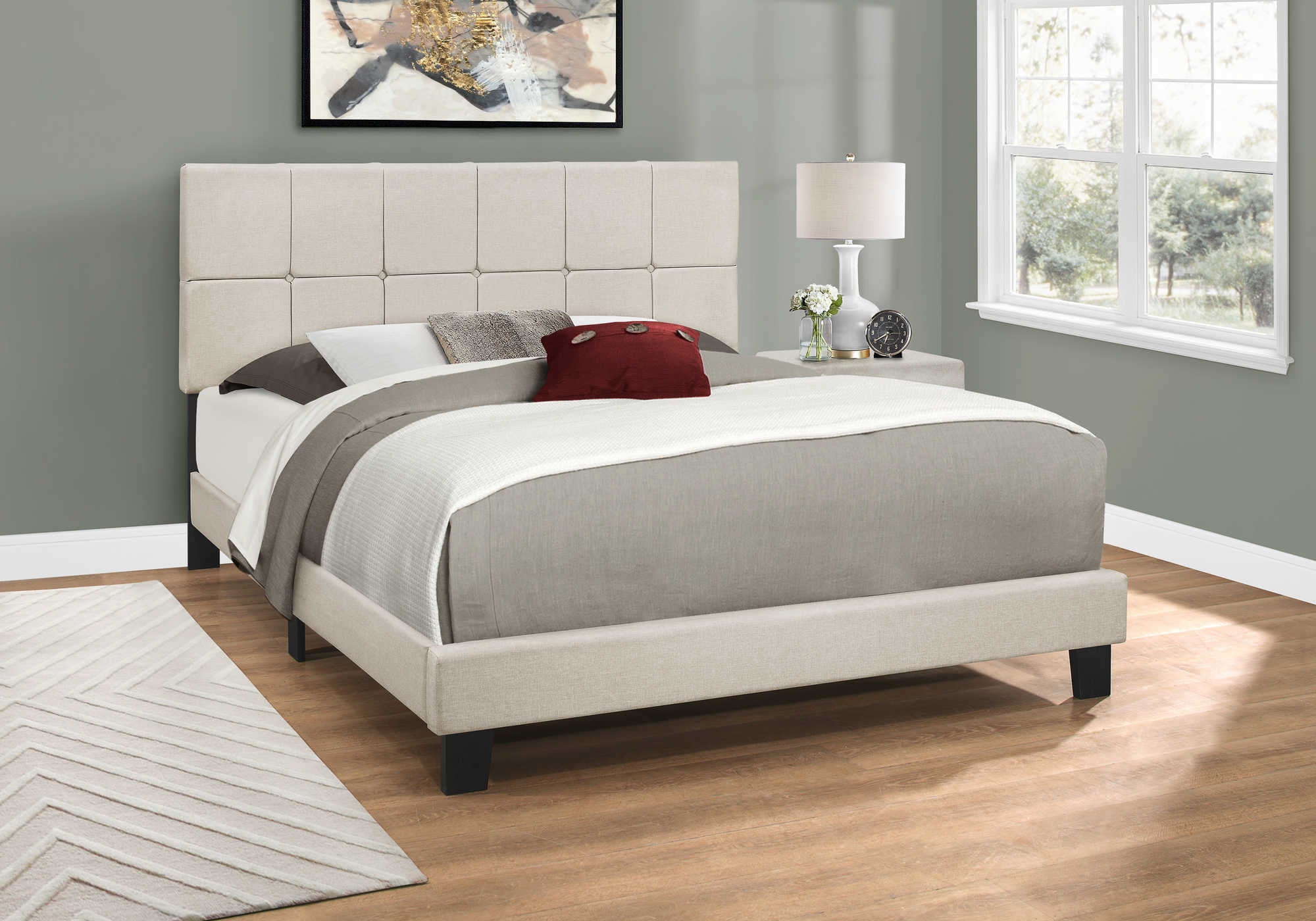 Image of bed - queen size / beige linen i 5605q.