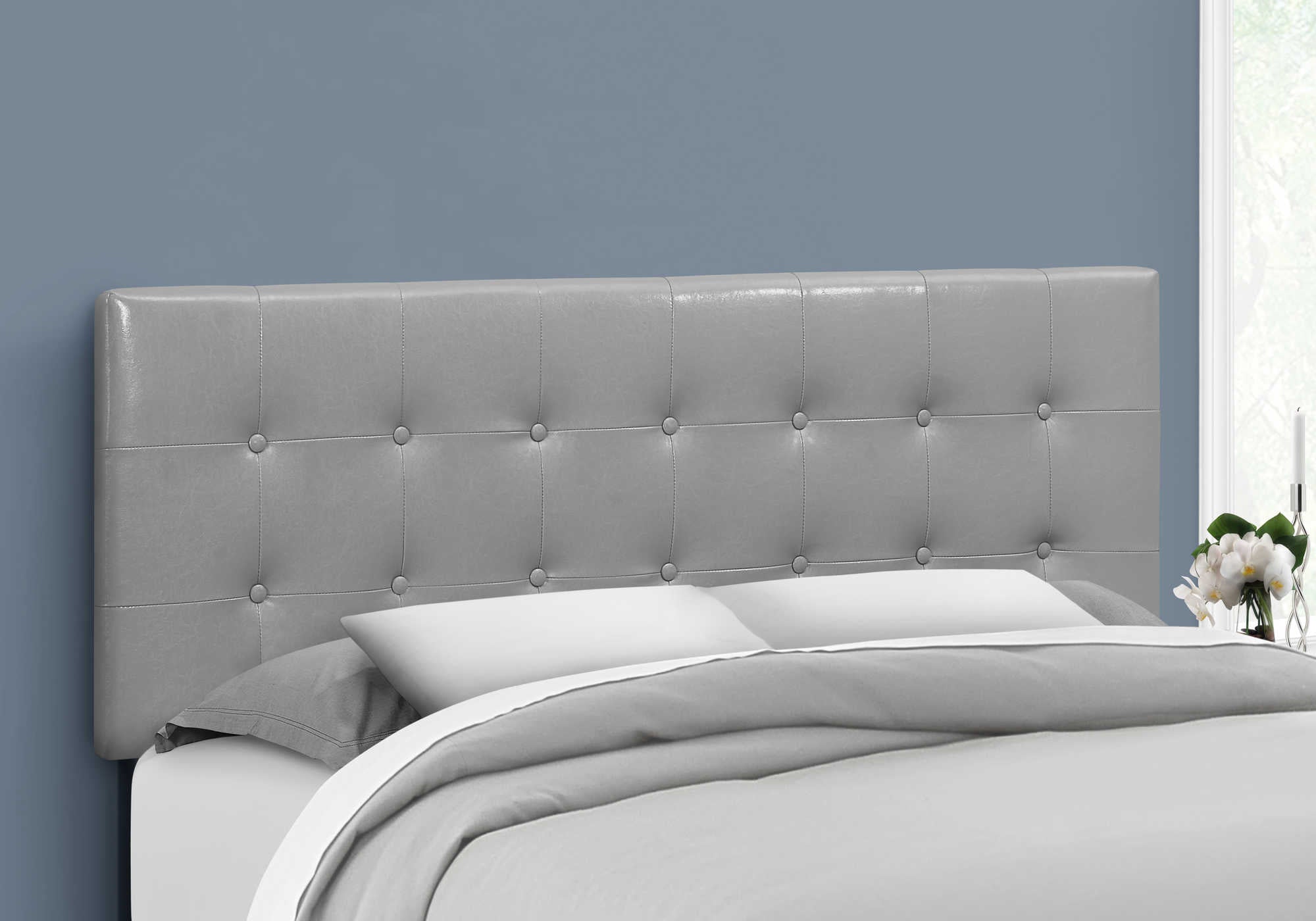Image of bed - queen size / grey leather-look headboard only i 6001q.
