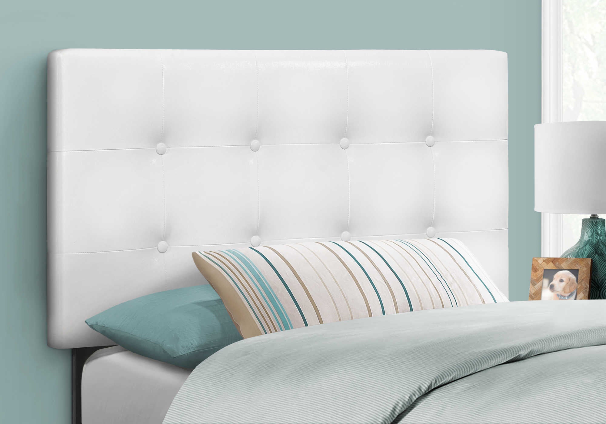 Image of bed - twin size / white leather-look headboard only i 6002t.