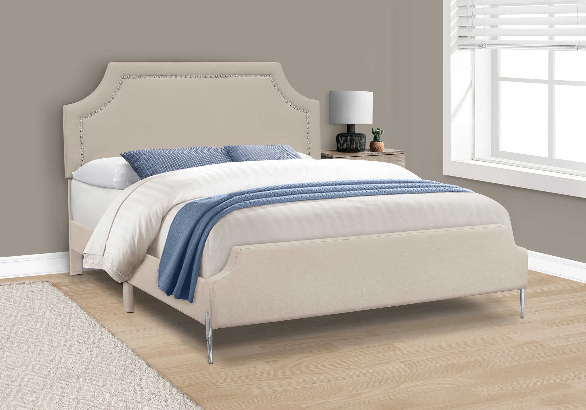 Image of bed - queen size / beige linen with chrome metal legs i 6036q.