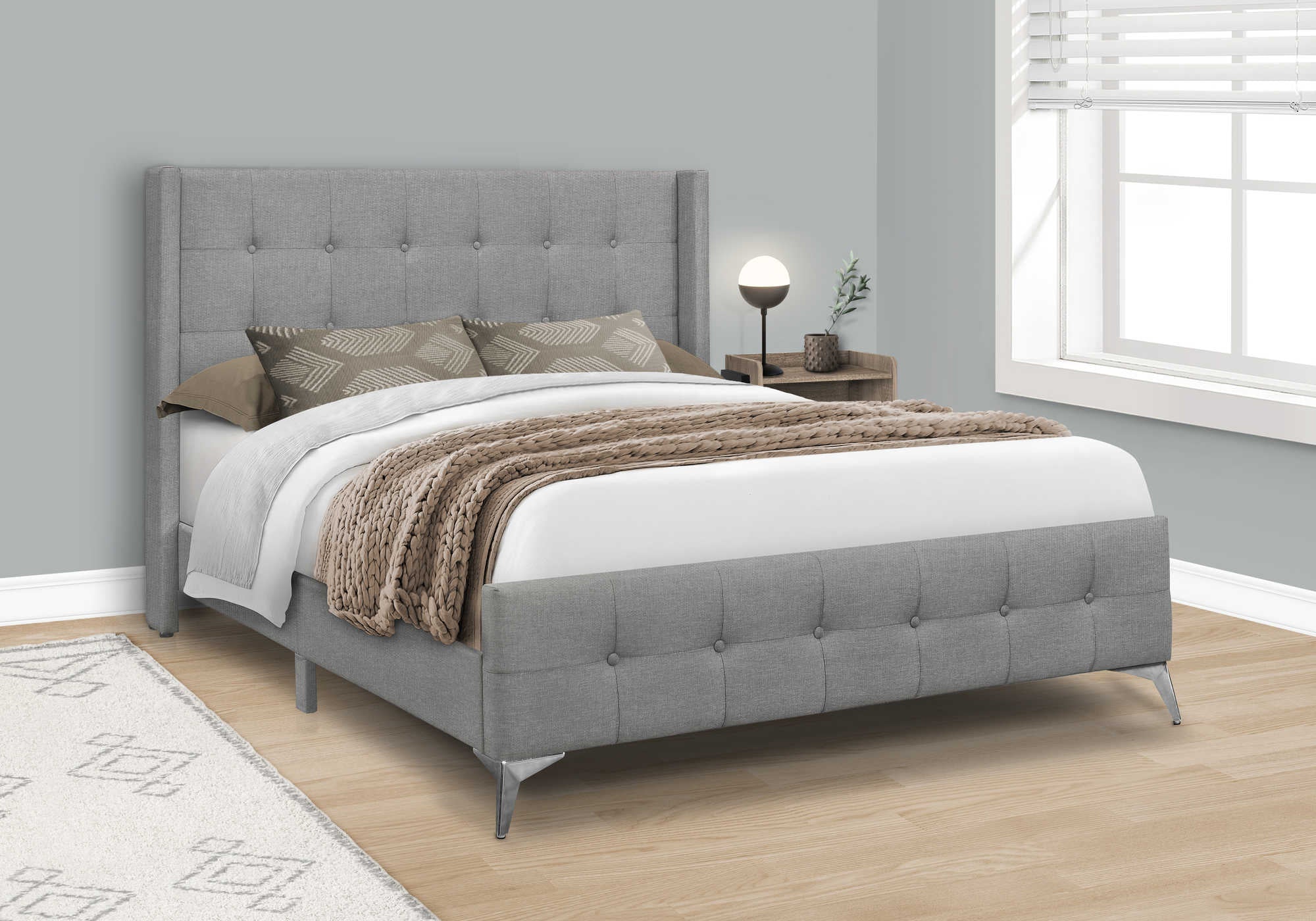 Image of bed - queen size / grey linen with chrome metal legs i 6040q.