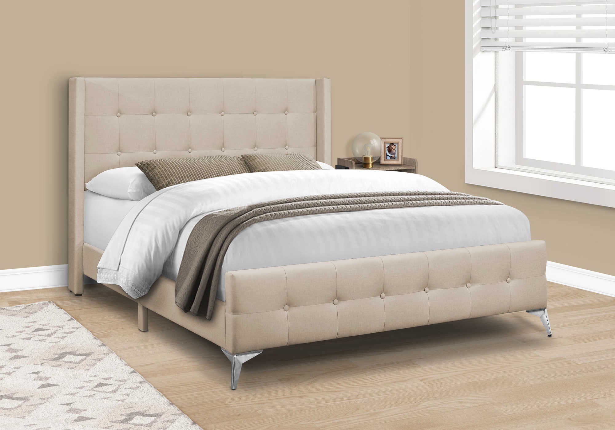 Image of bed - queen size / beige linen with chrome metal legs i 6041q.