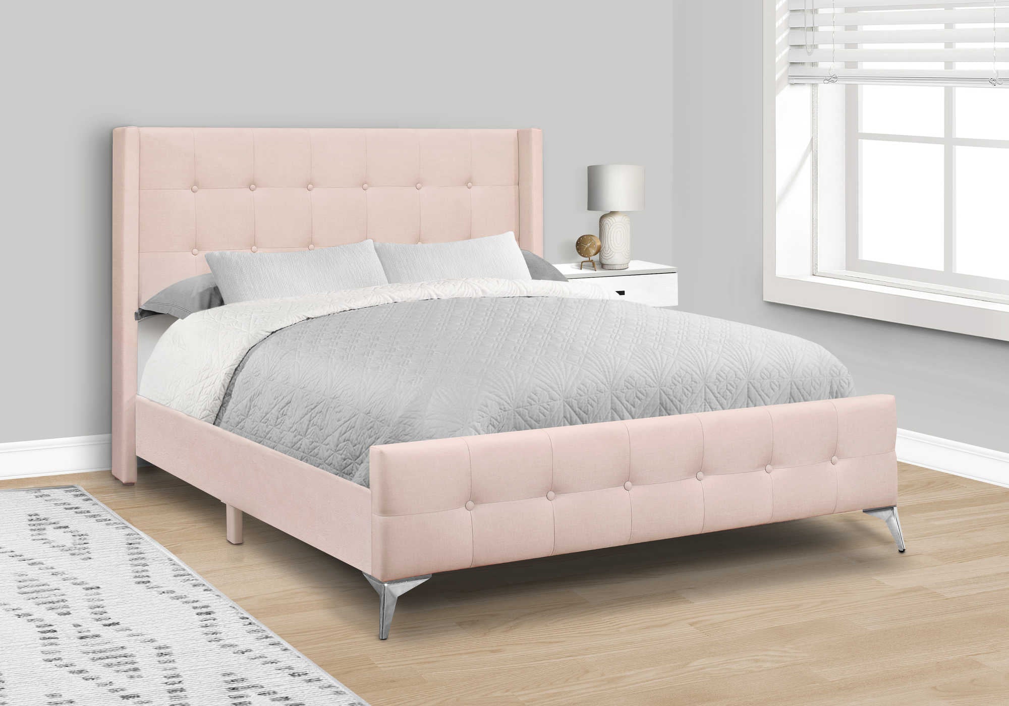 Image of bed - queen size / pink velvet with chrome metal legs i 6042q.